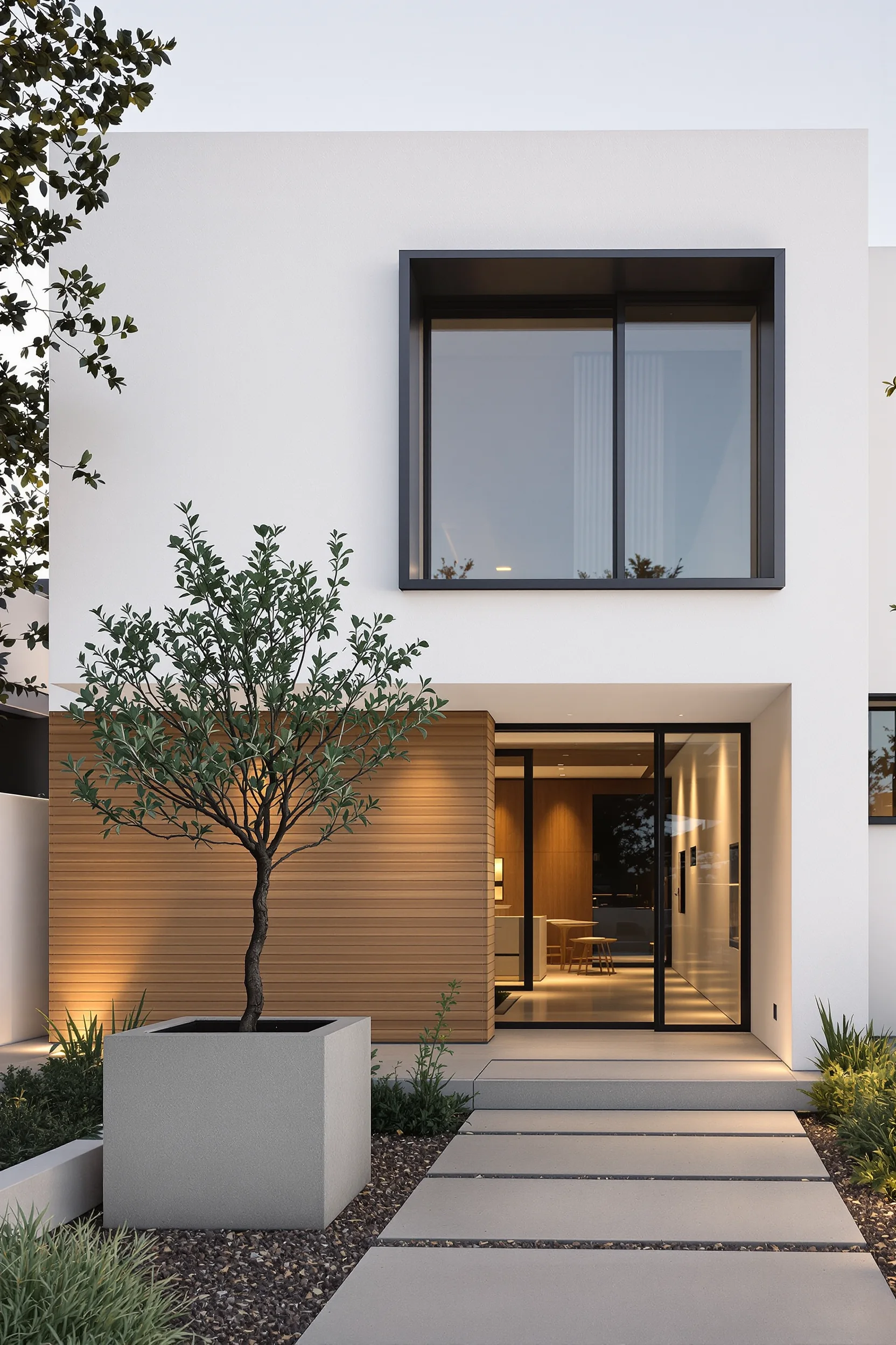 minimalist exterior design featuring sleek black window frame against white facade with natural wood accent panel and olive tree