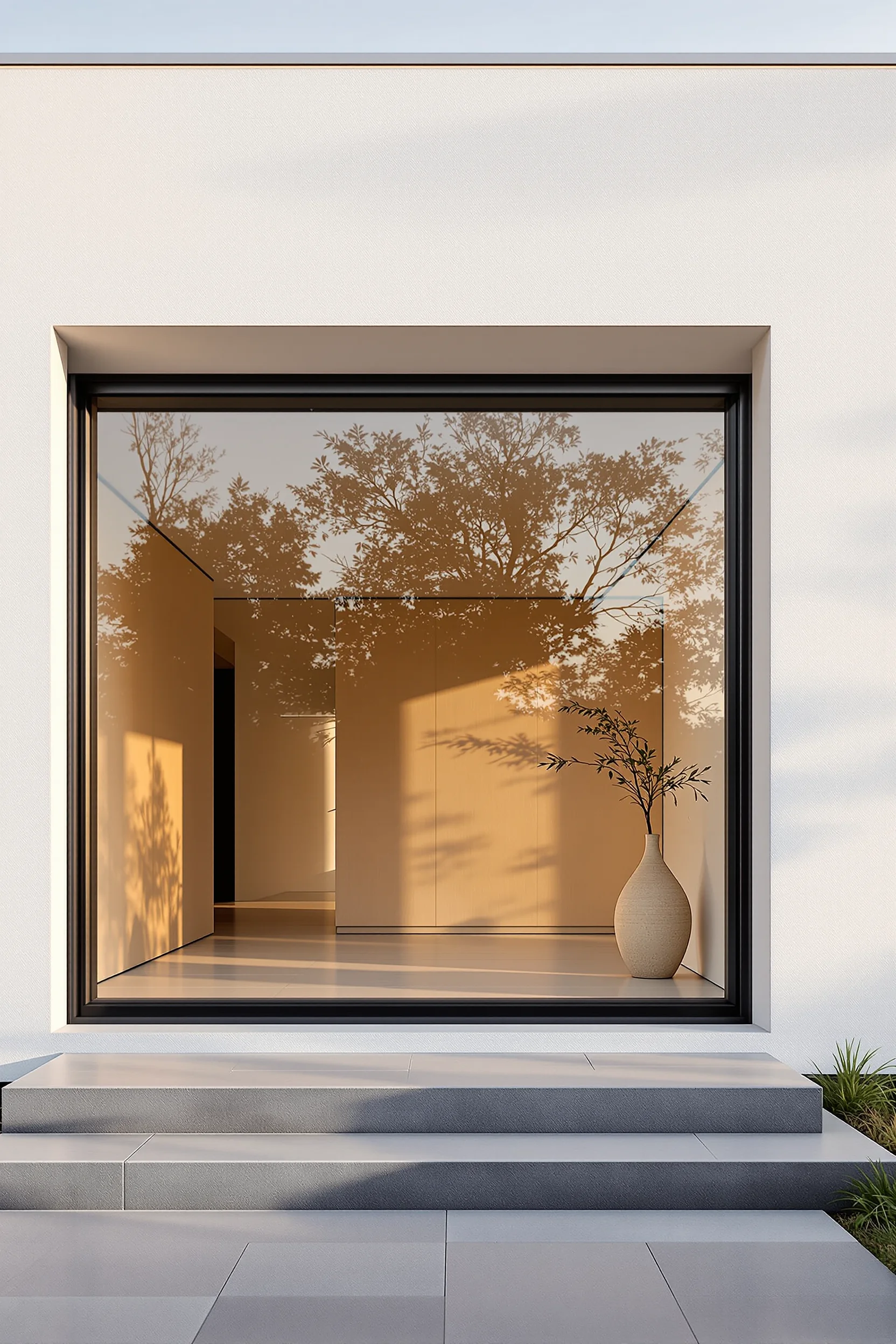 minimalist exterior designs showcasing floor to ceiling glass geometric shadows and contemporary black metal detailing