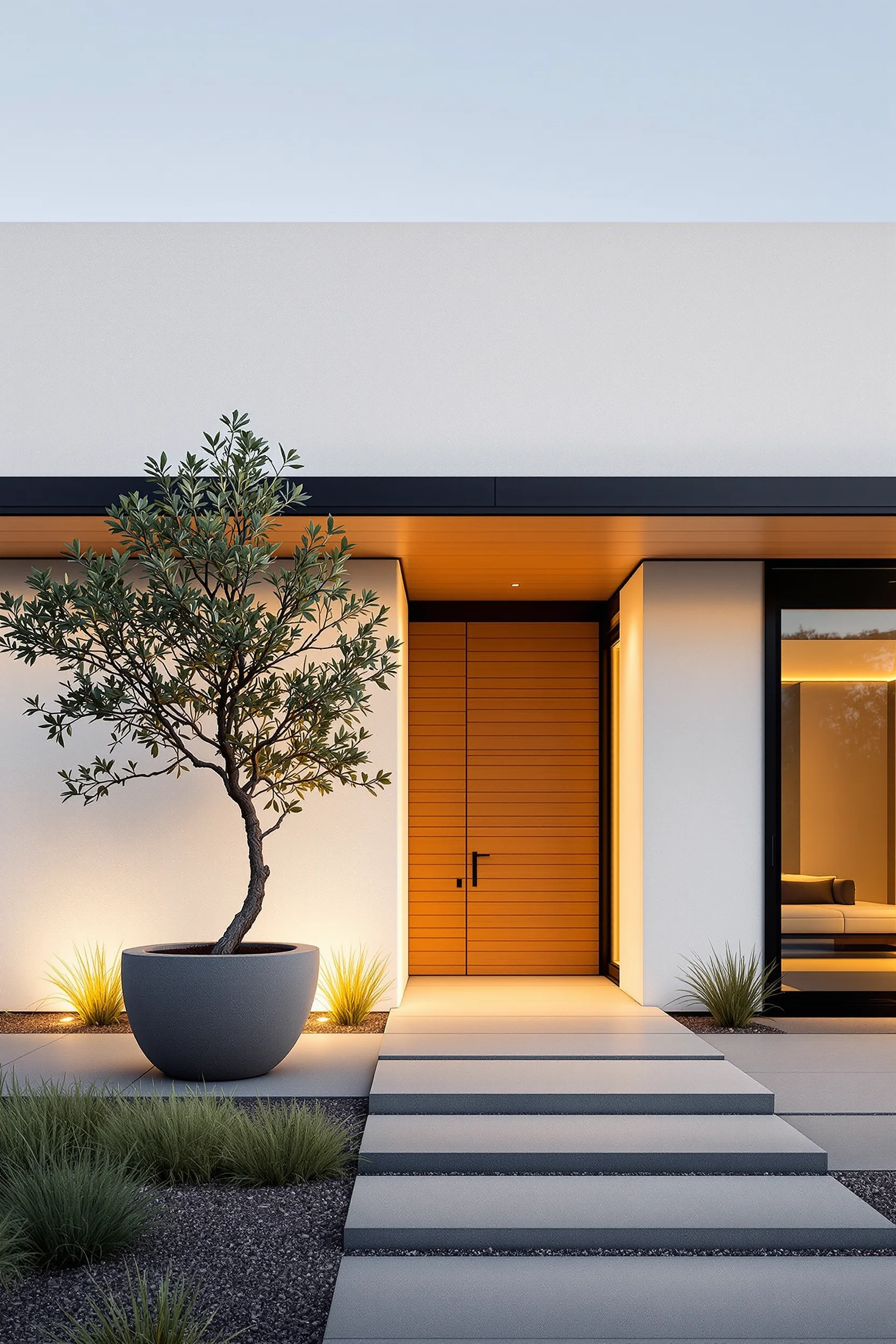 minimalist exterior ideas showing geometric architecture with dramatic shadow polished pathway and frameless glass entry door