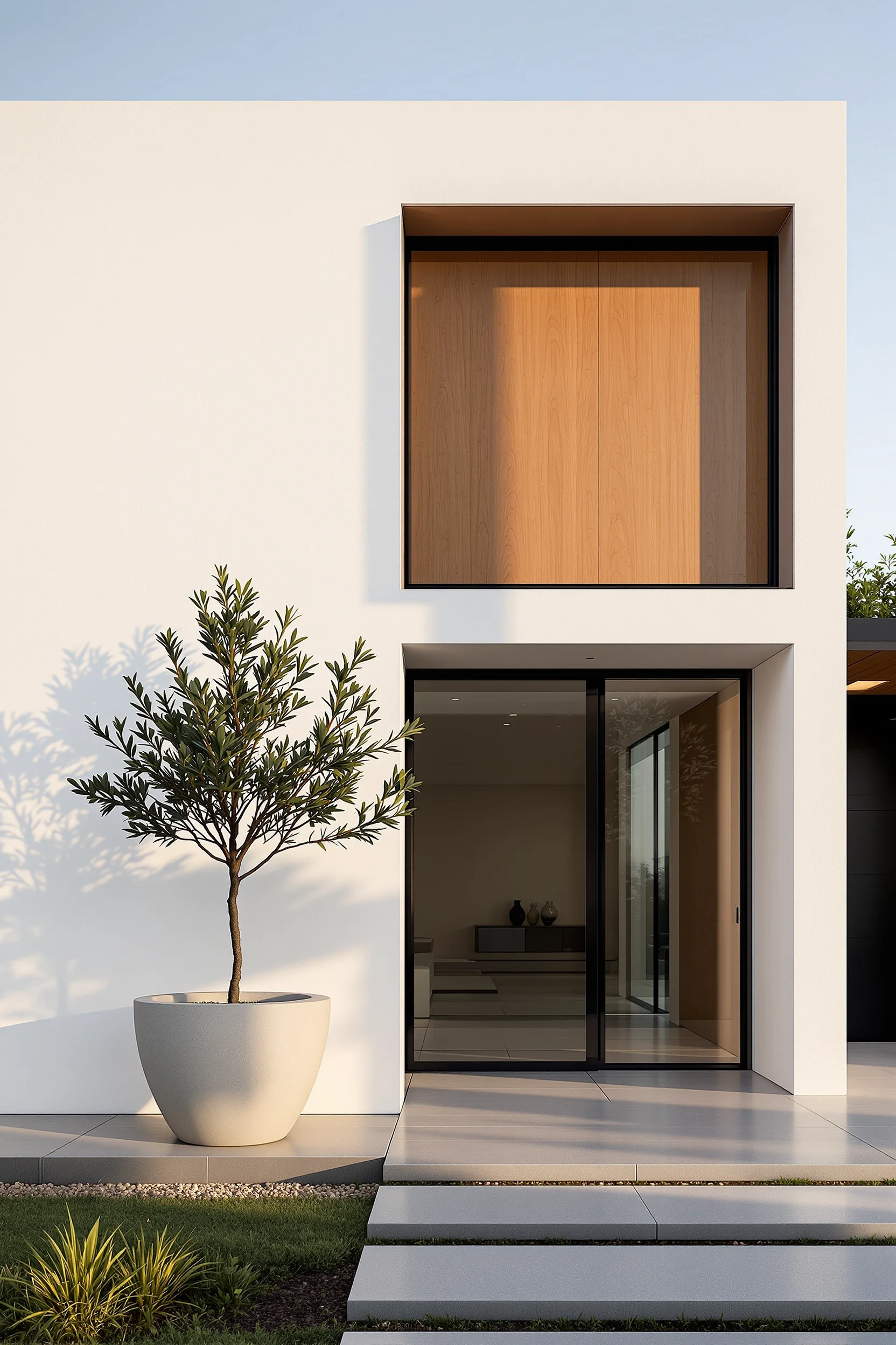 minimalist exterior inspiration with contemporary white stucco surface sculptural concrete planter and warm honey wood panel detail