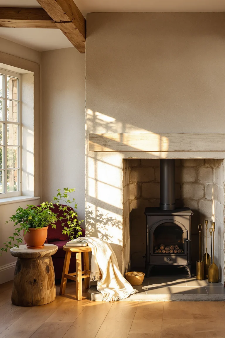 modern cottage home decor designs showing textured limestone fireplace surround with brass tools and trailing ivy in terracotta pot
