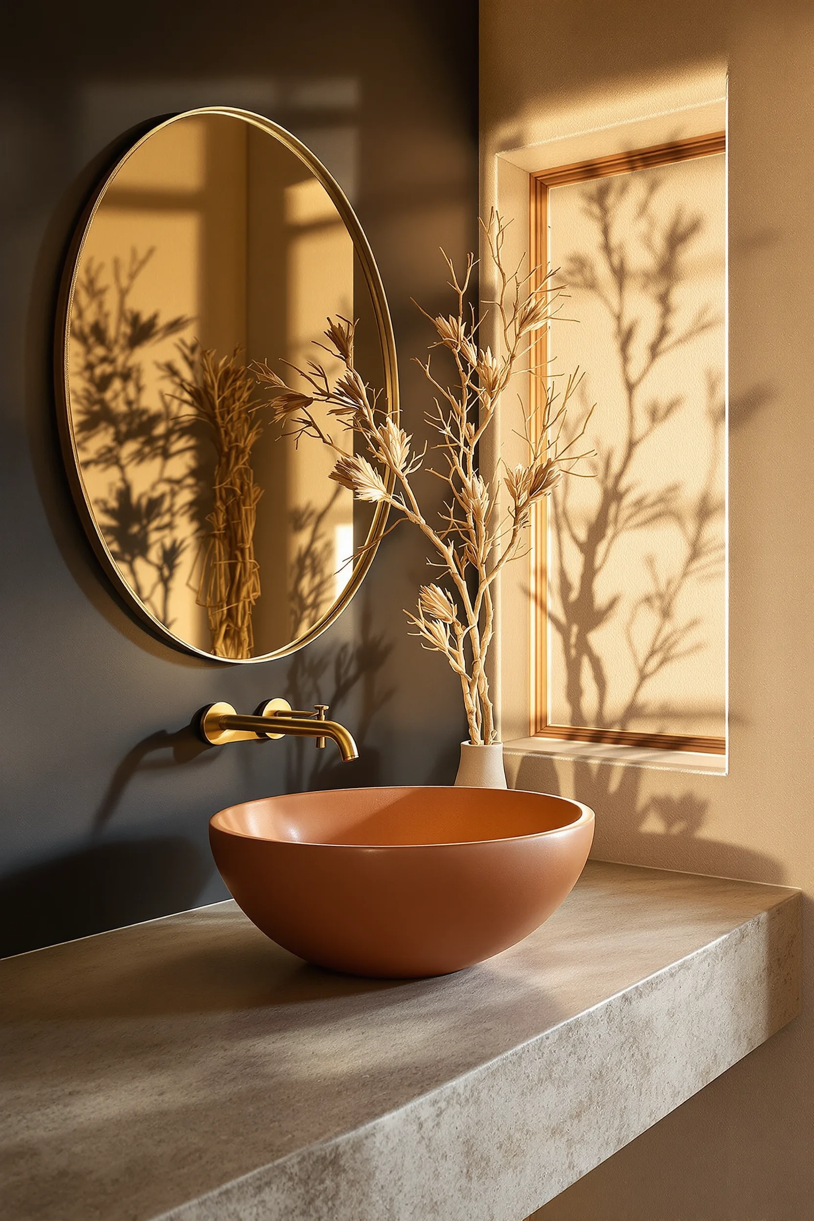 modern desert bathroom designs showcasing natural stone countertop with aged brass fixture and textured plaster walls