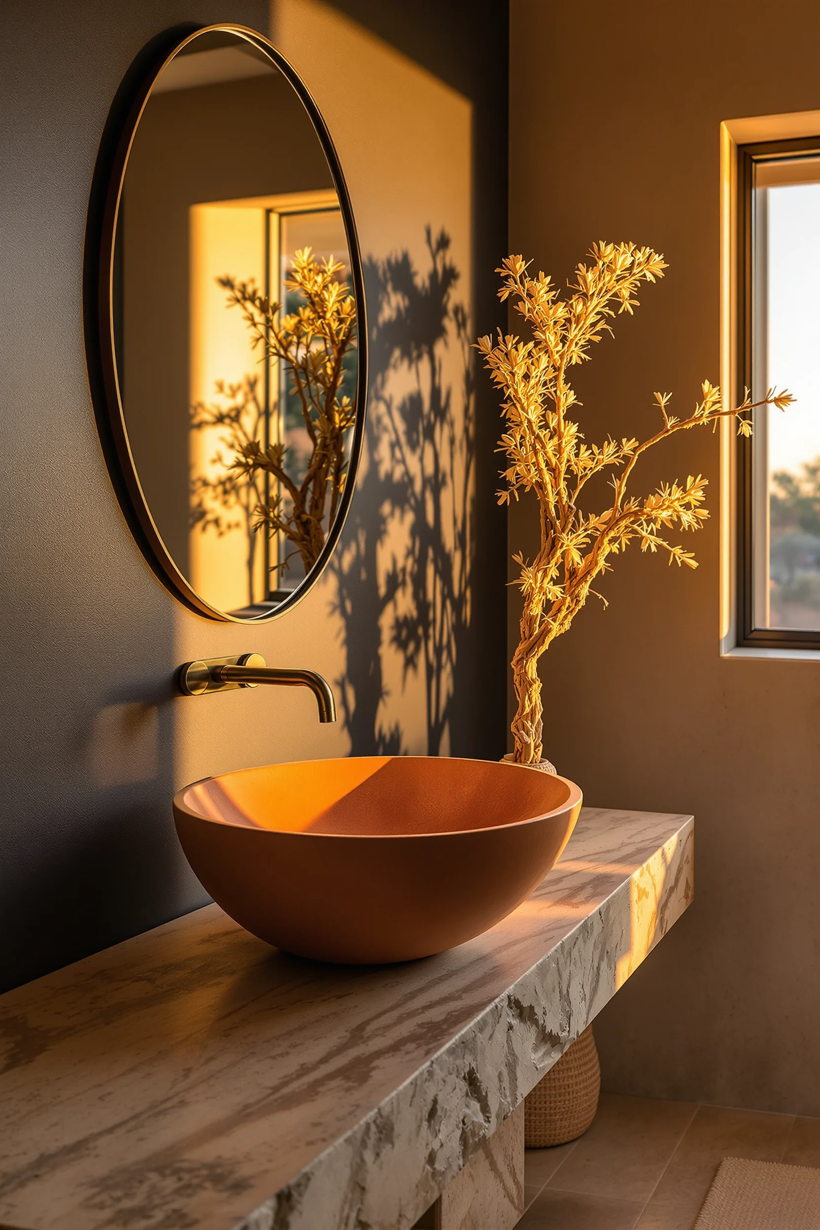 modern desert bathroom inspiration with terracotta sink desert branch accent and golden hour window lighting