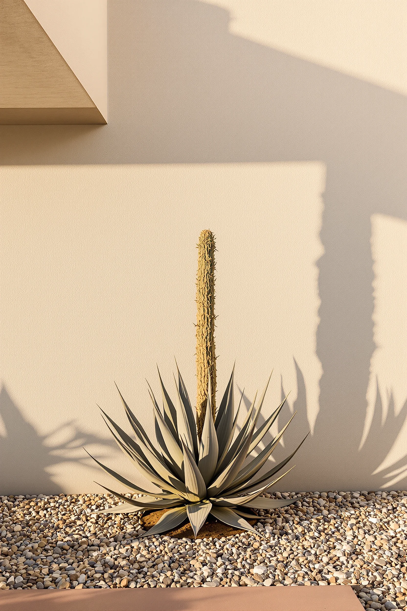 modern desert home exterior designs showing native agave focal point with natural stone aggregate and minimalist architectural backdrop at sunset