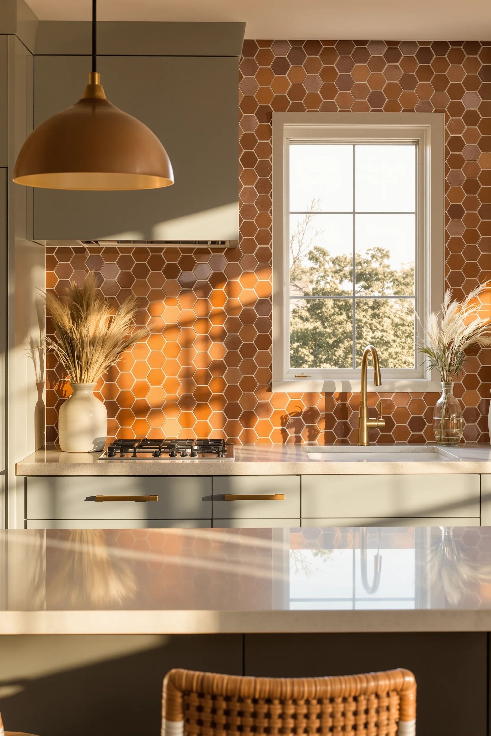 modern desert kitchen aesthetics displaying sandy neutral palette deep charcoal island white oak cabinetry and warm ambient lighting