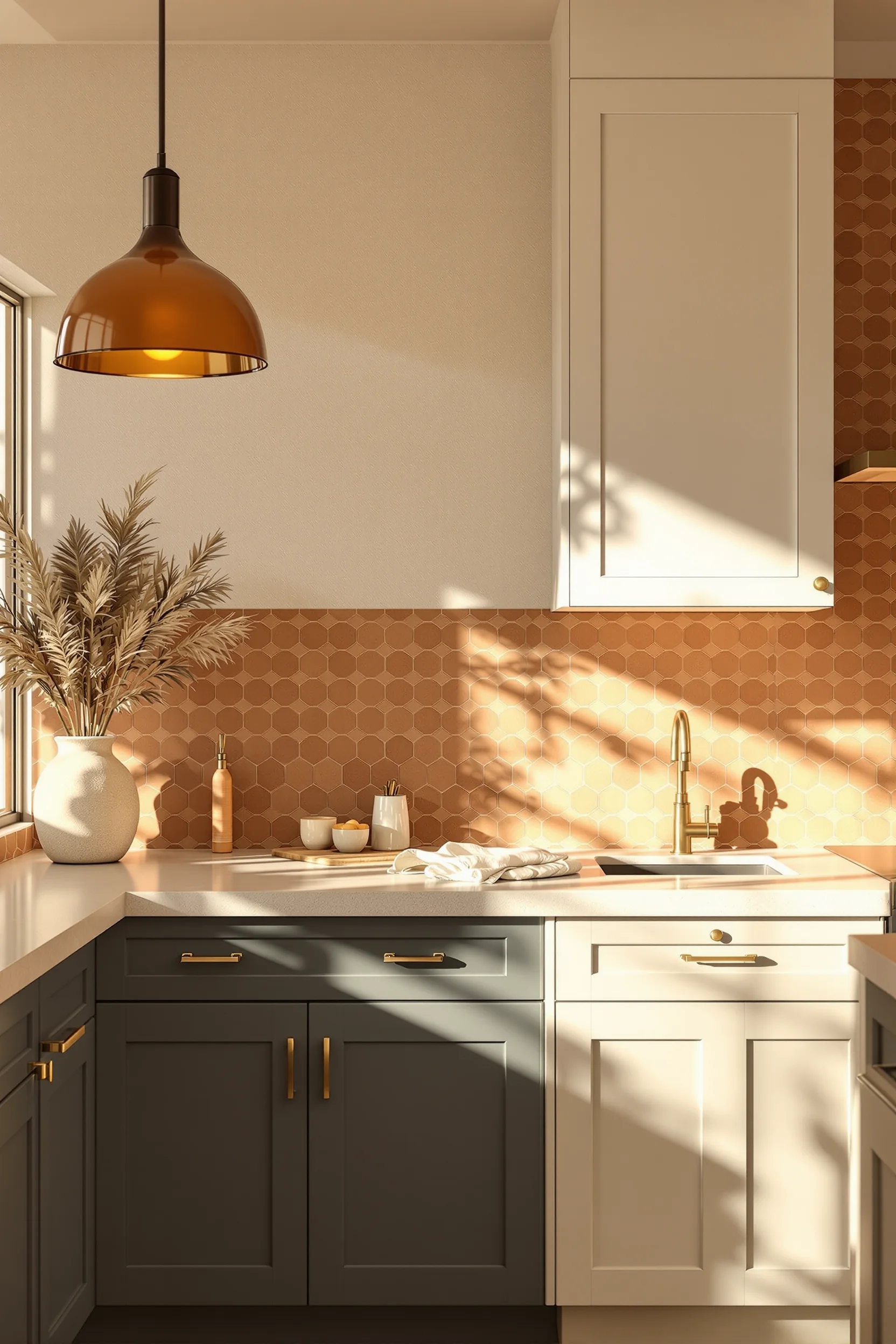 modern desert kitchen designs showing handcrafted terracotta wall brass hardware details woven leather bar stool and ceramic vase