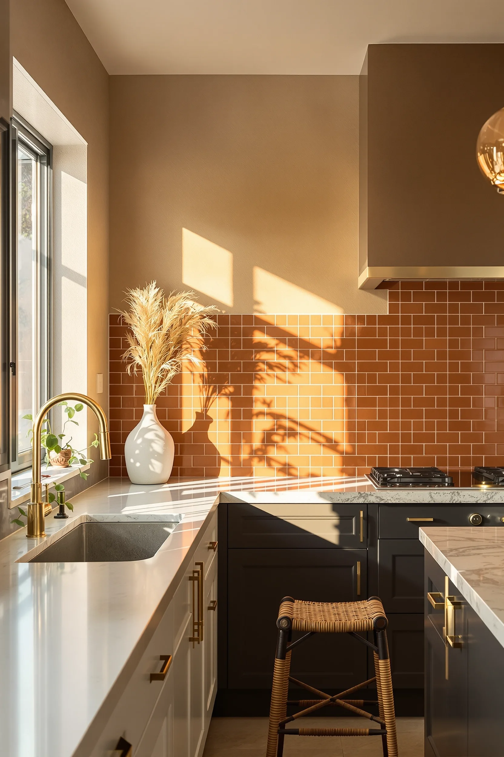modern desert kitchen ideas featuring terracotta tile backsplash white oak cabinets amber pendant light and natural stone countertop