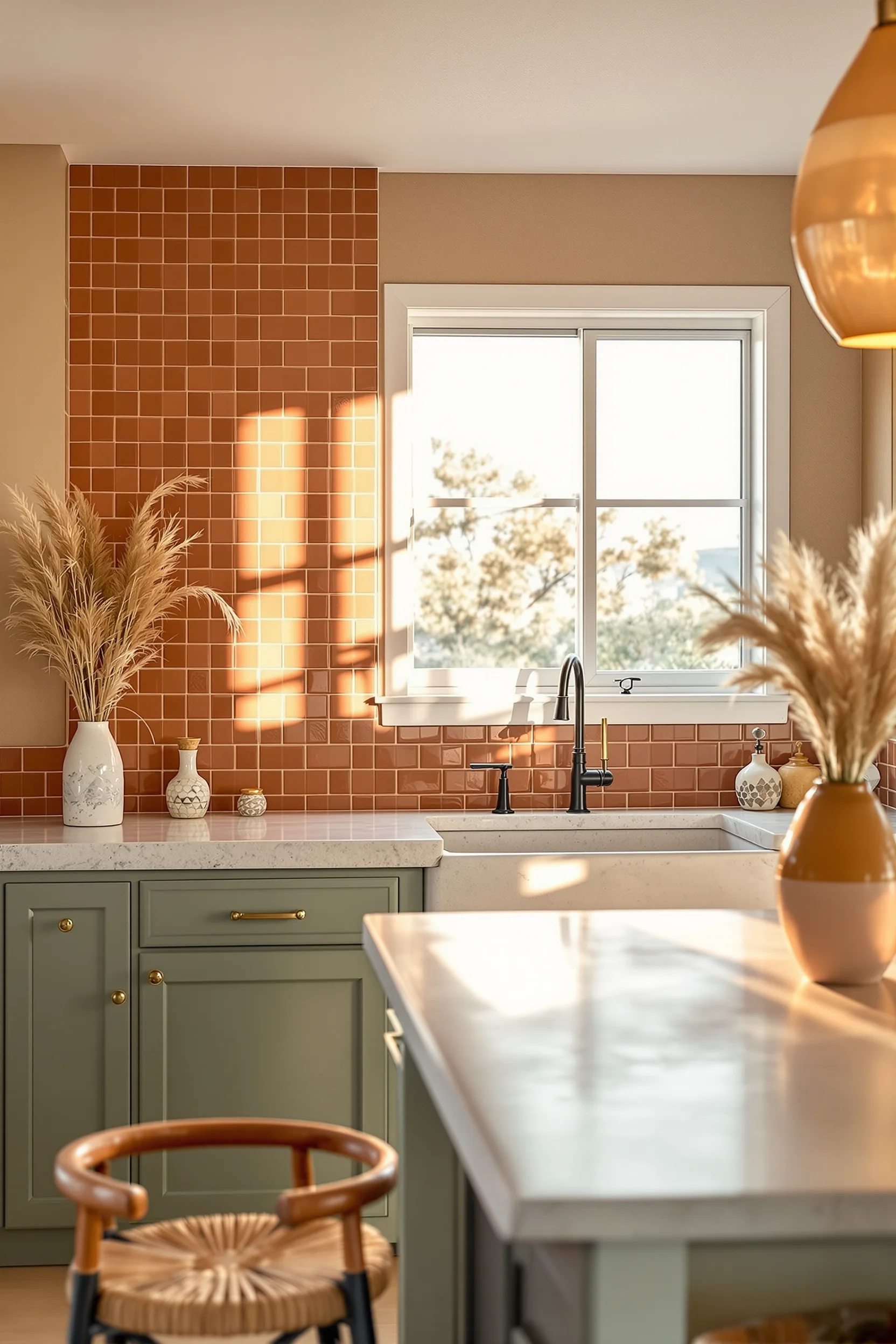 modern desert kitchen inspiration with sage green cabinet accents textured clay walls golden hour sunlight and pampas grass