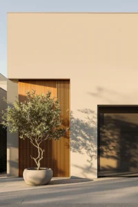 modern home exterior aesthetics displaying japandi style through beige surfaces deep charcoal contrast and natural material integration