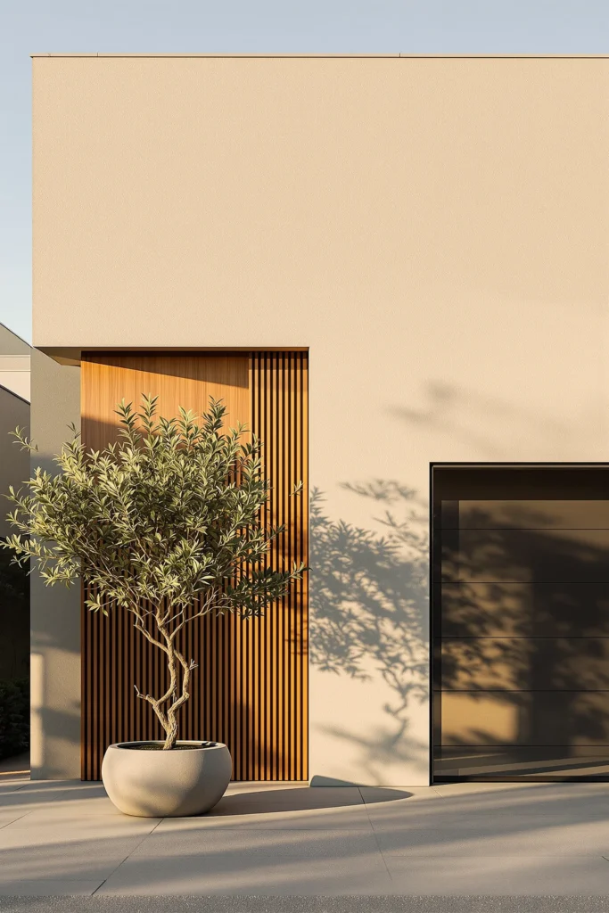 modern home exterior aesthetics displaying japandi style through beige surfaces deep charcoal contrast and natural material integration