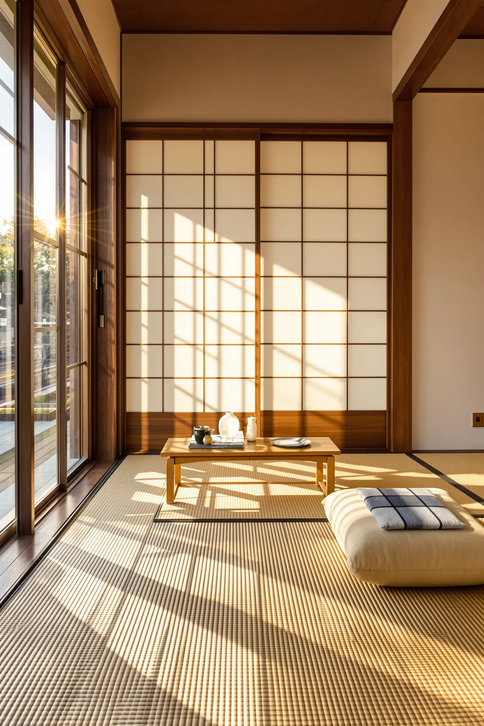 modern japanese apartment designs showing natural tatami texture with walnut trim and silk cushion in minimalist space