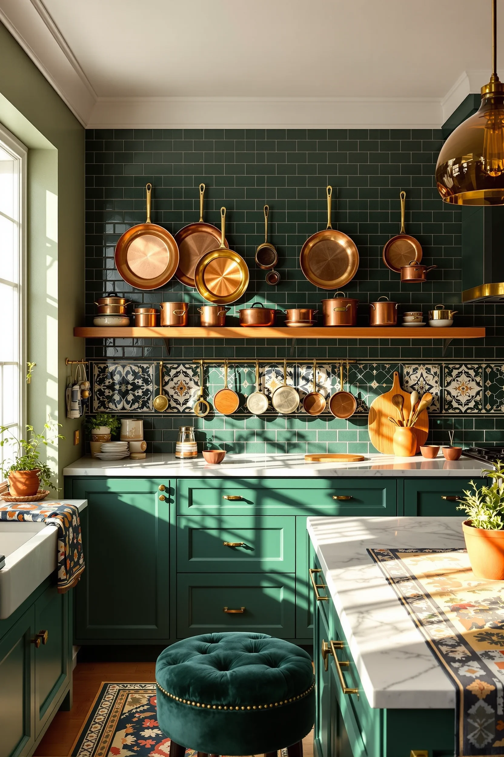 modern maximalist kitchen aesthetics featuring marble countertops with natural veining and amber glass pendant lighting fixtures