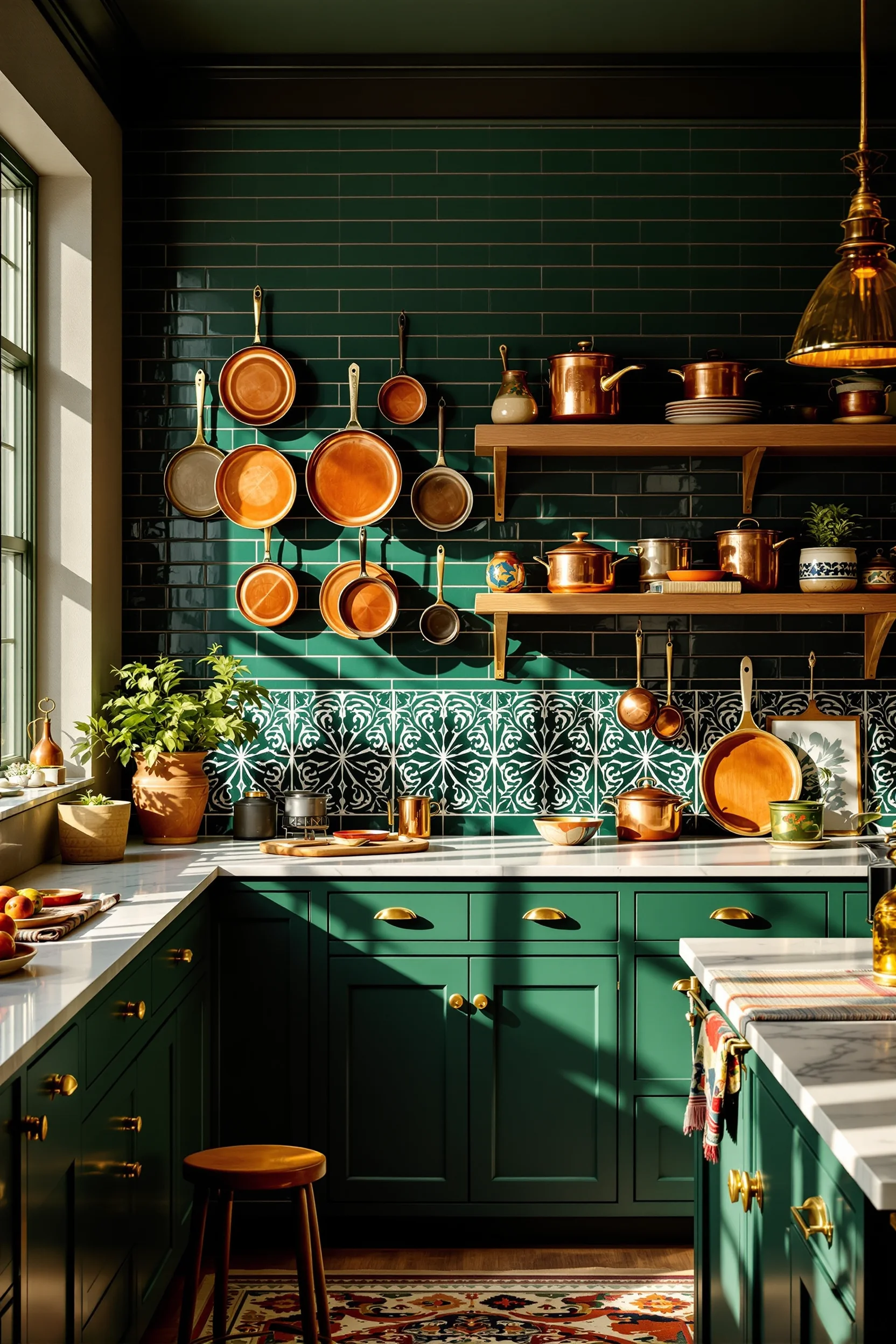modern maximalist kitchen inspiration with aged wooden shelving displaying antique cookware collection and fresh herb planters