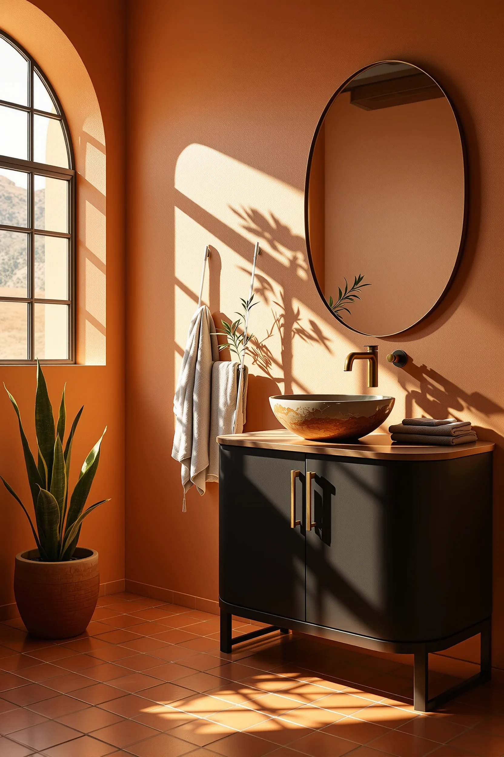 modern mexican bathroom aesthetics displaying artisan vessel sink charcoal vanity potted agave plant and natural linen towel