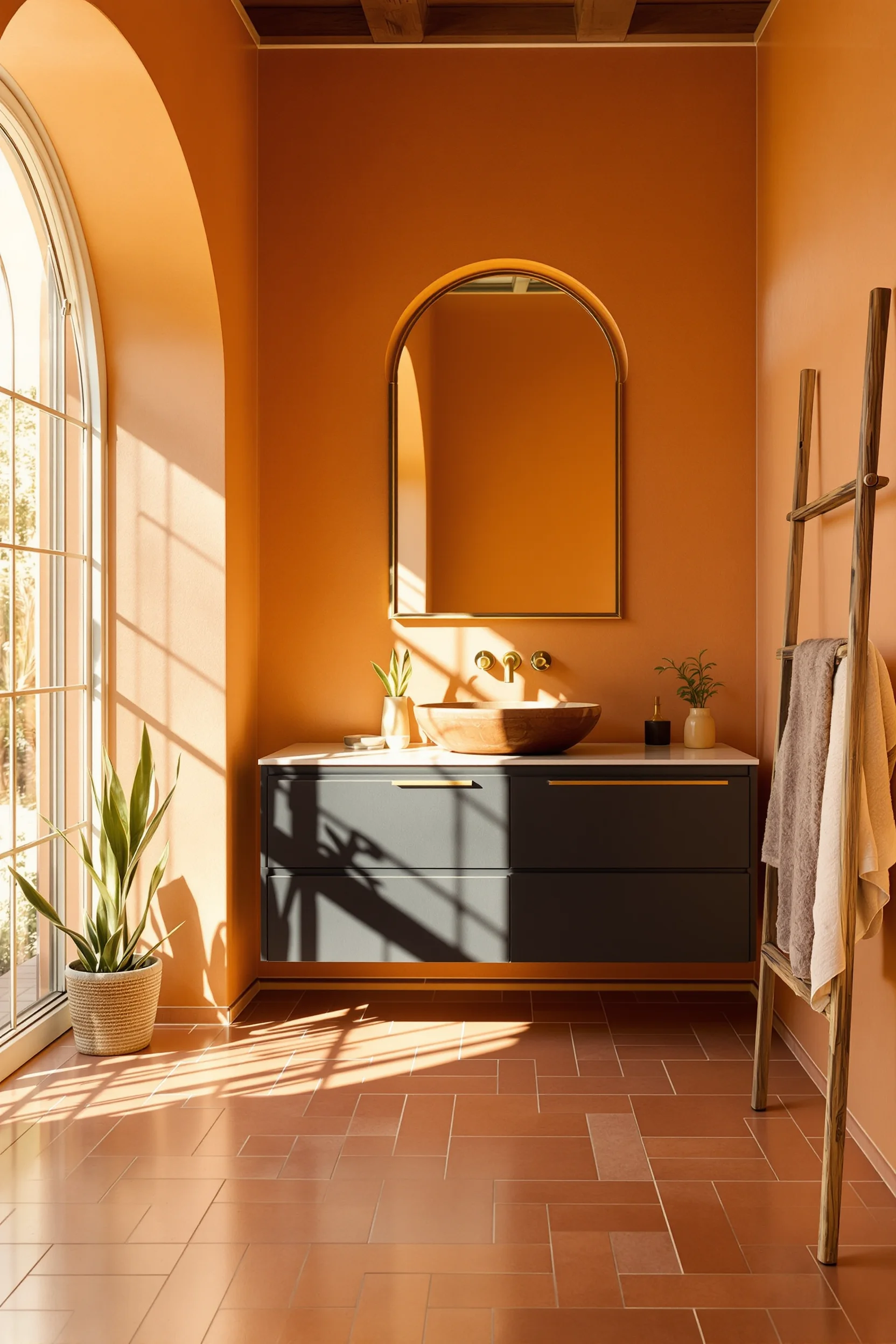 modern mexican bathroom ideas featuring terracotta tile floors with charcoal vanity and golden hour sunlight streaming through arched window