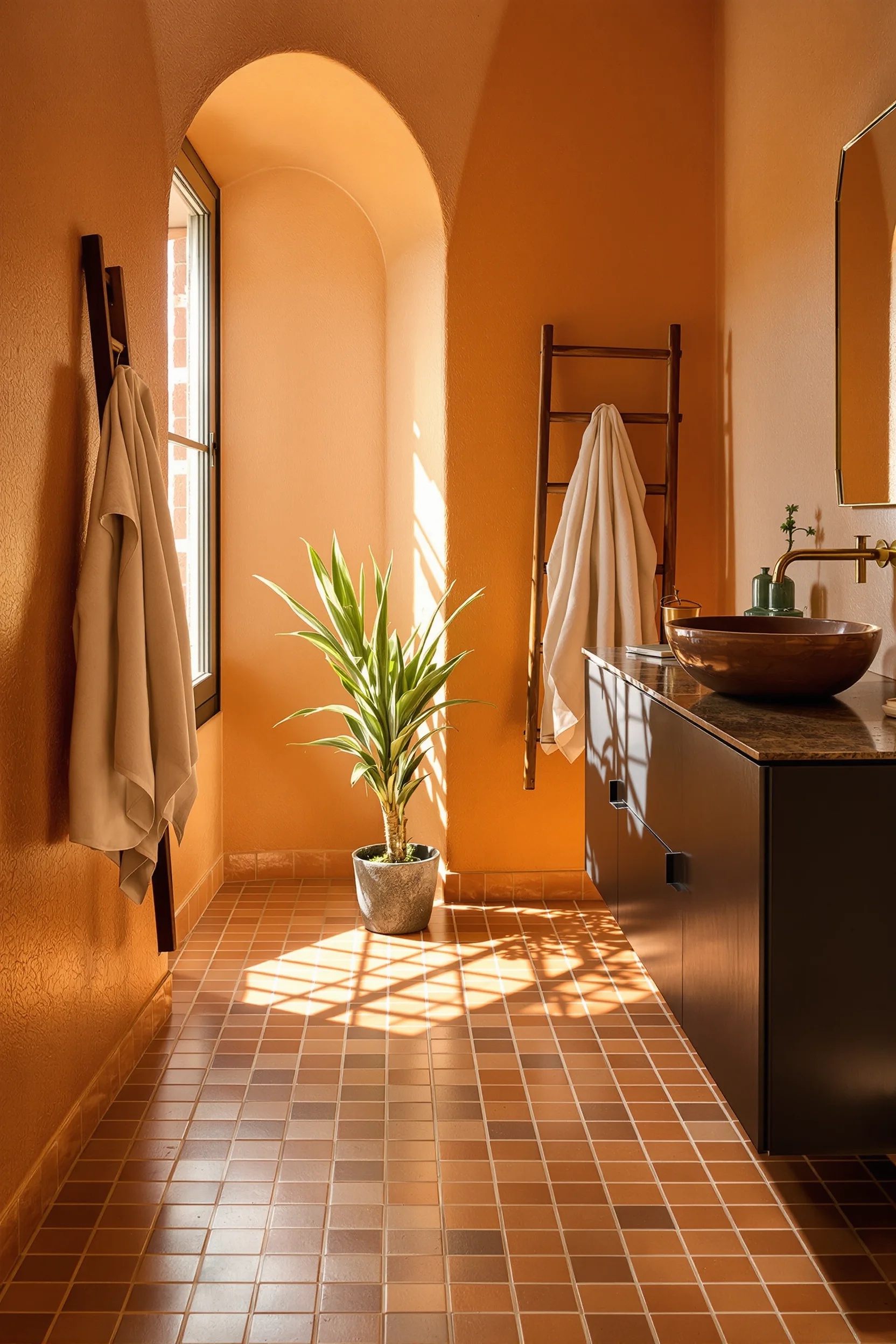 modern mexican bathroom inspiration with terracotta flooring aged brass fixtures and dramatic diagonal shadows from window light