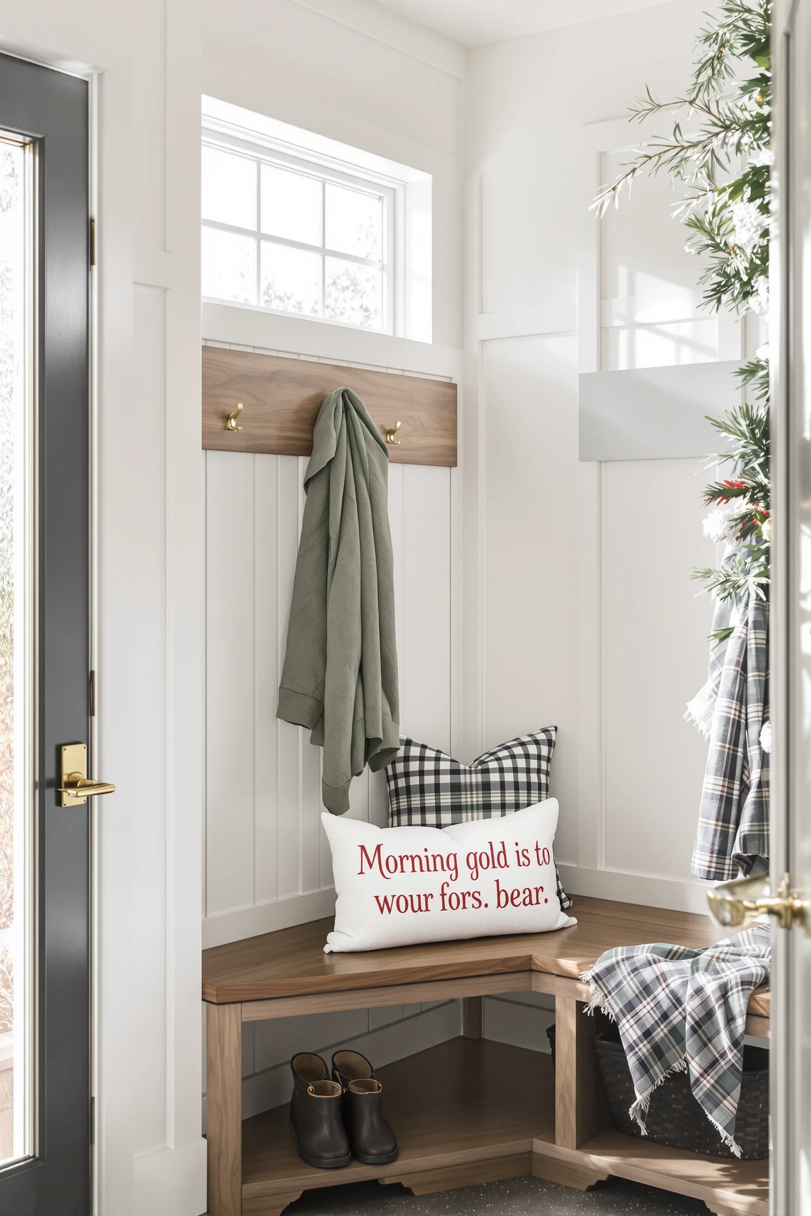 modern mudroom designs with forest green coat hooks and warm golden morning light streaming through window