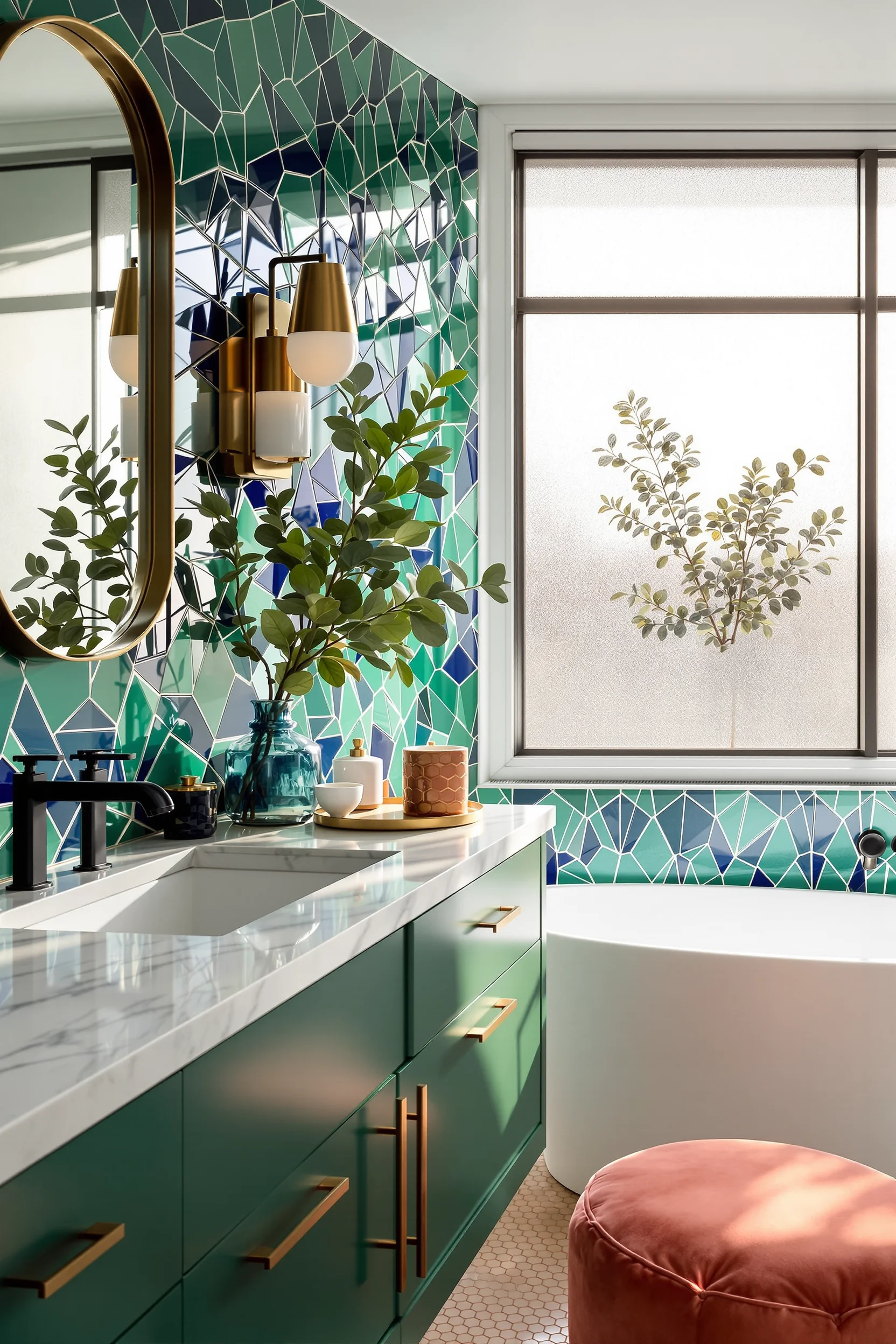 moody maximalist bathroom aesthetics displaying dramatic shadow play through frosted window with golden hour lighting