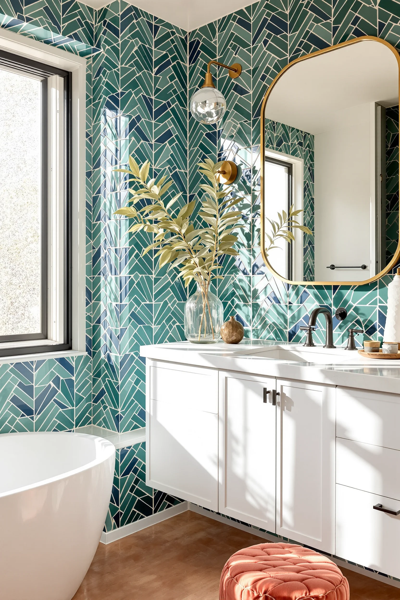 moody maximalist bathroom designs showcasing cobalt blue patterns black hardware and terracotta floor tiles