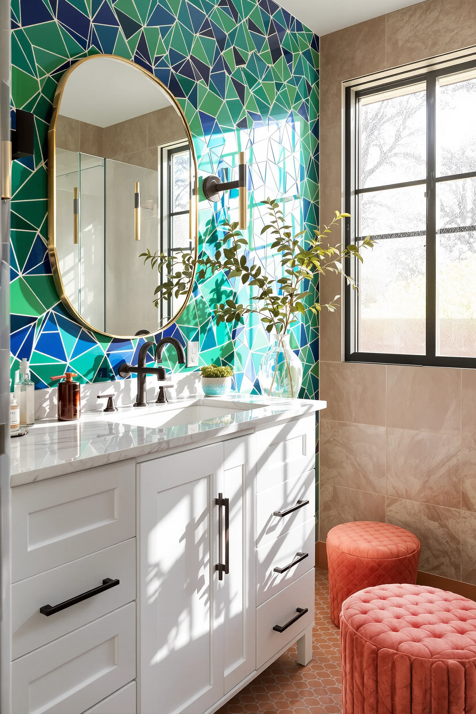 moody maximalist bathroom ideas featuring emerald geometric tile wall with brass mirror and white marble vanity