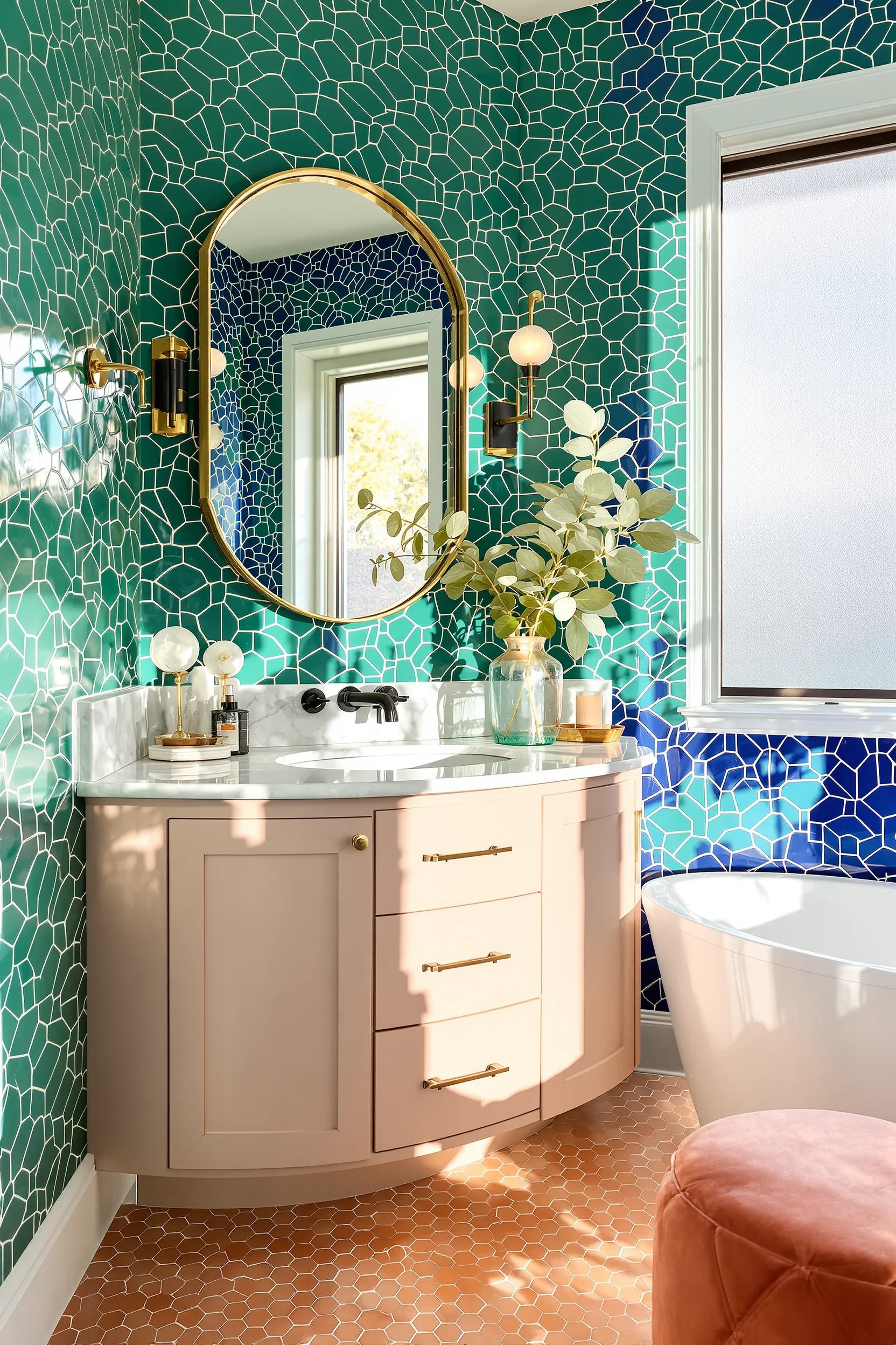 moody maximalist bathroom inspiration with jewel toned walls coral velvet stool and eucalyptus in glass vase
