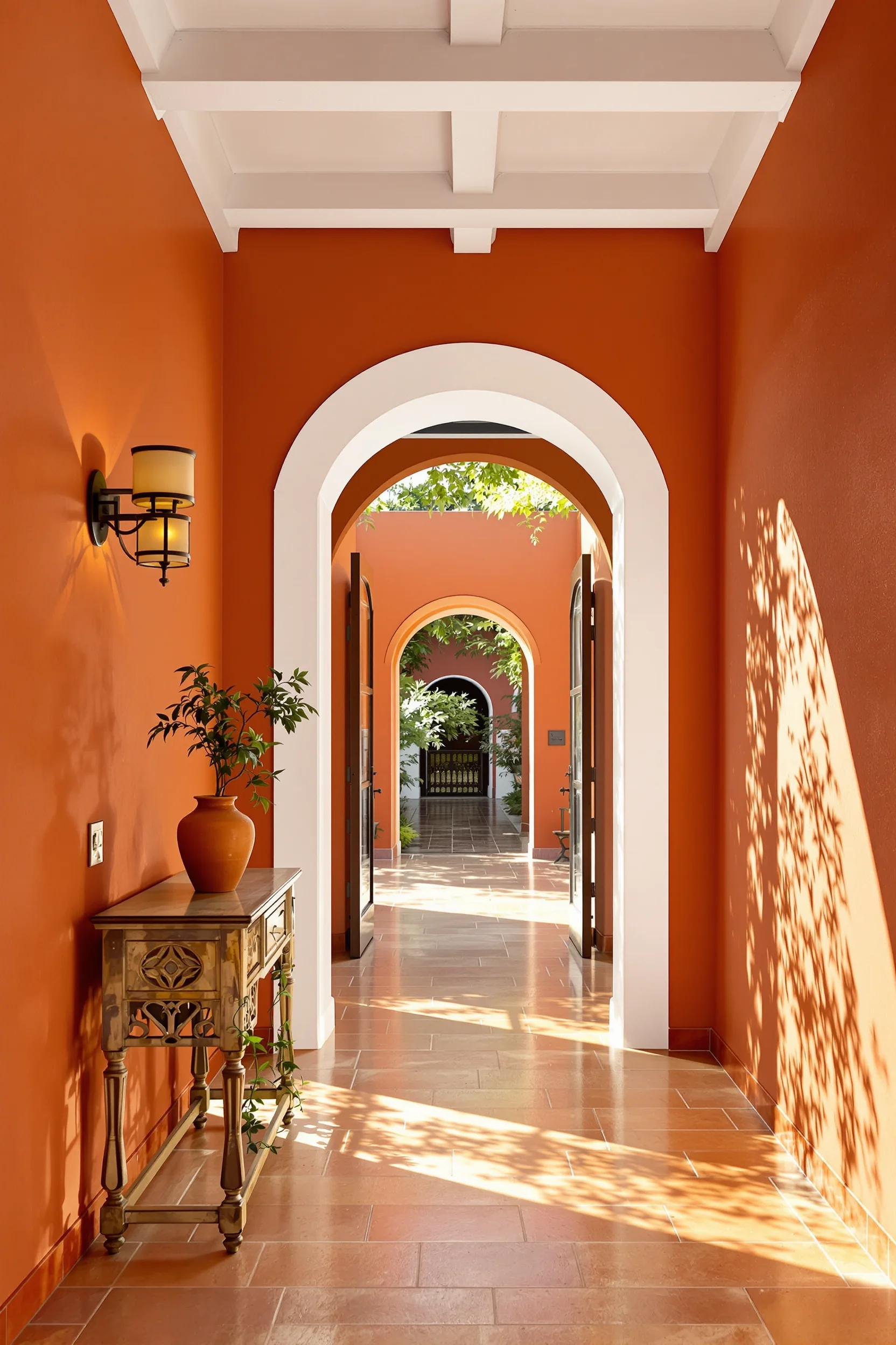 narrow hallway designs showcasing dramatic arch deep orange walls natural sunlight wrought iron sconce green trailing plant