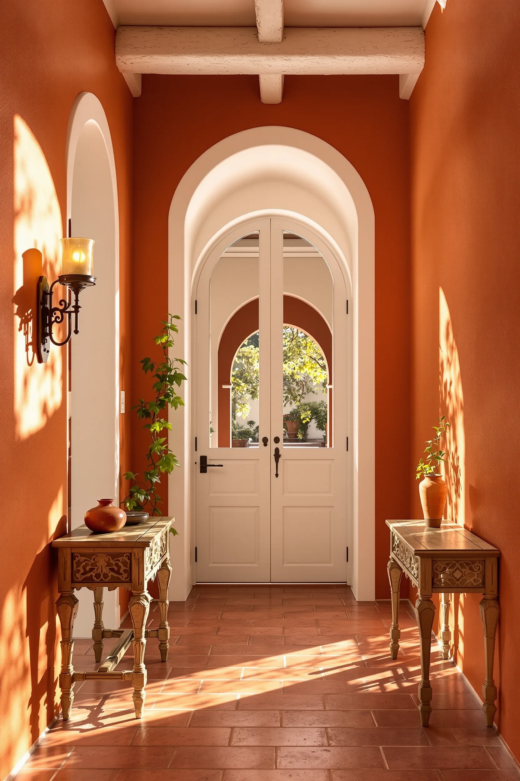 narrow hallway inspiration with mexican hacienda style textured plaster walls carved wood furniture geometric shadow patterns