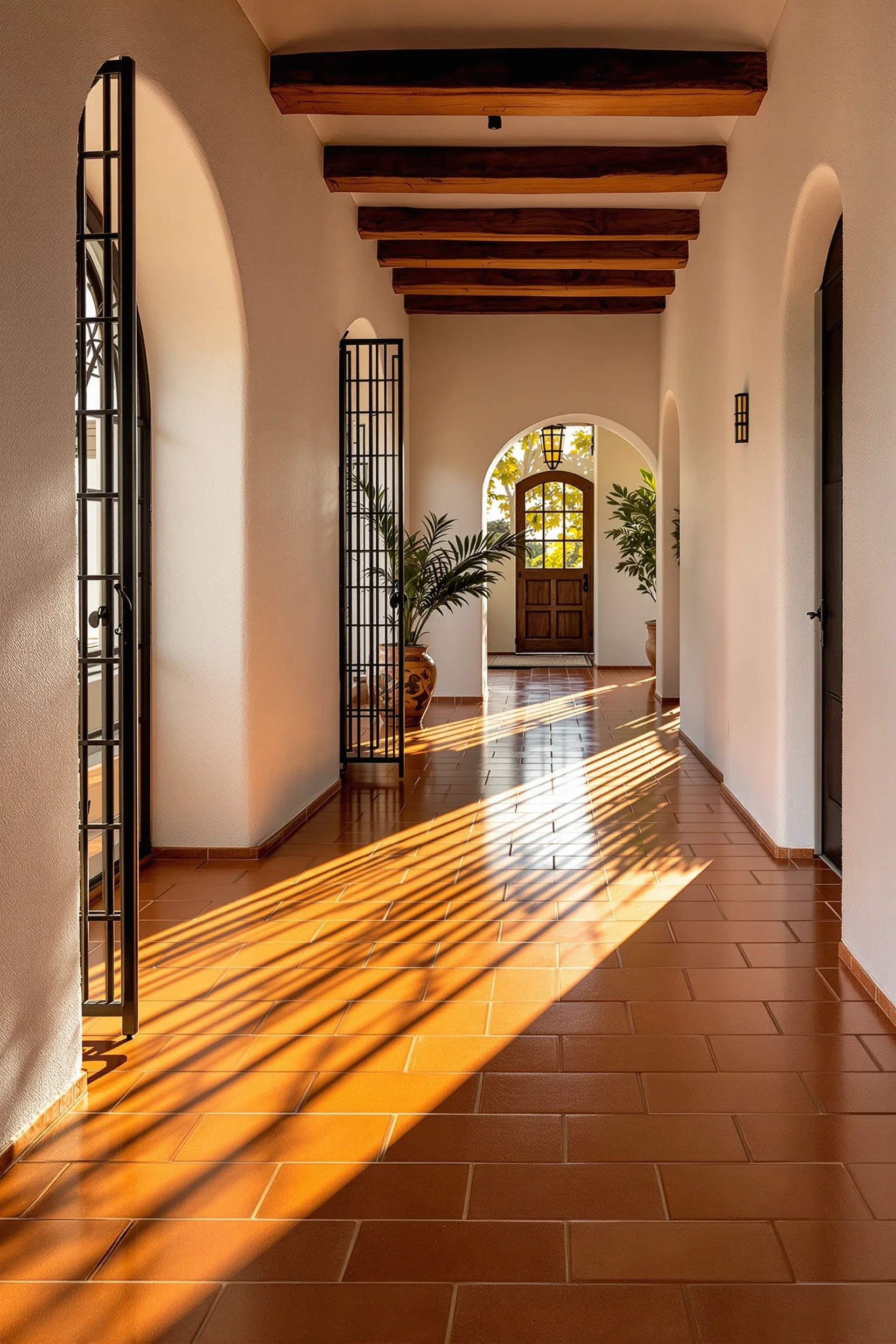 small hallway aesthetics displaying expansive terracotta floor tiles with antique ceramic pot catching afternoon light near whitewashed walls