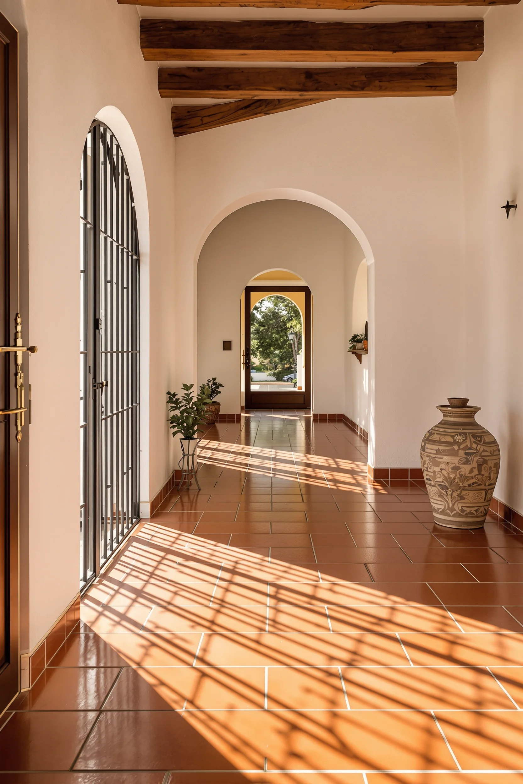 small hallway inspiration with handcrafted clay tile flooring and arched doorway framing rustic wooden beam ceiling details