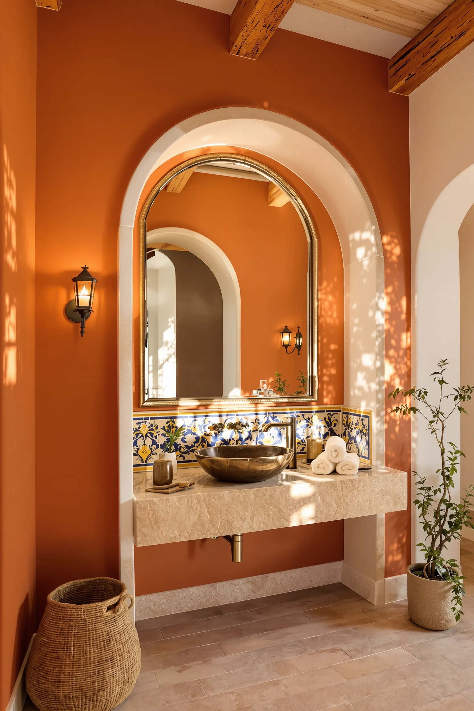 spanish style bathroom designs with handcrafted talavera tile accents in cobalt blue and travertine countertop with bronze sink
