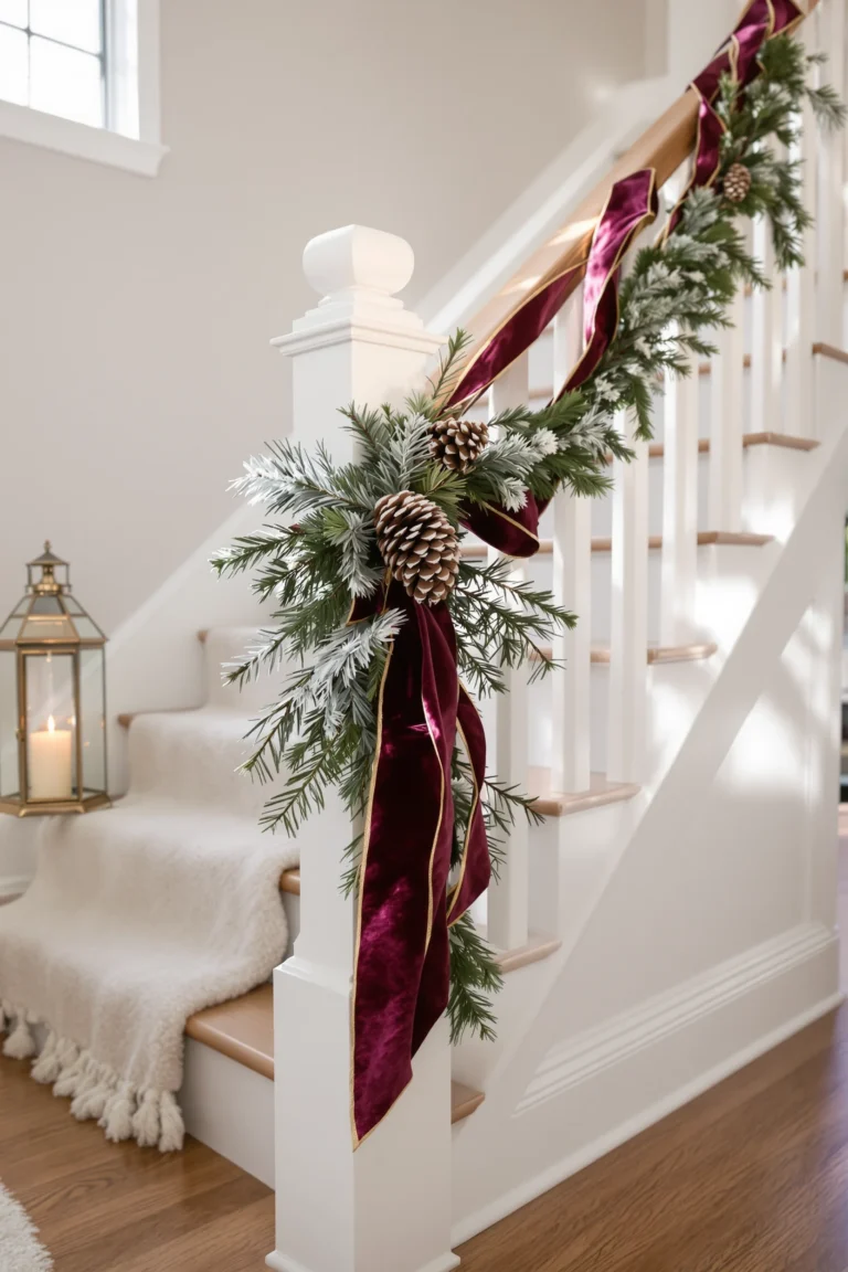 staircase christmas decor inspiration with rich velvet ribbon accent against crisp white banister and polished hardwood steps