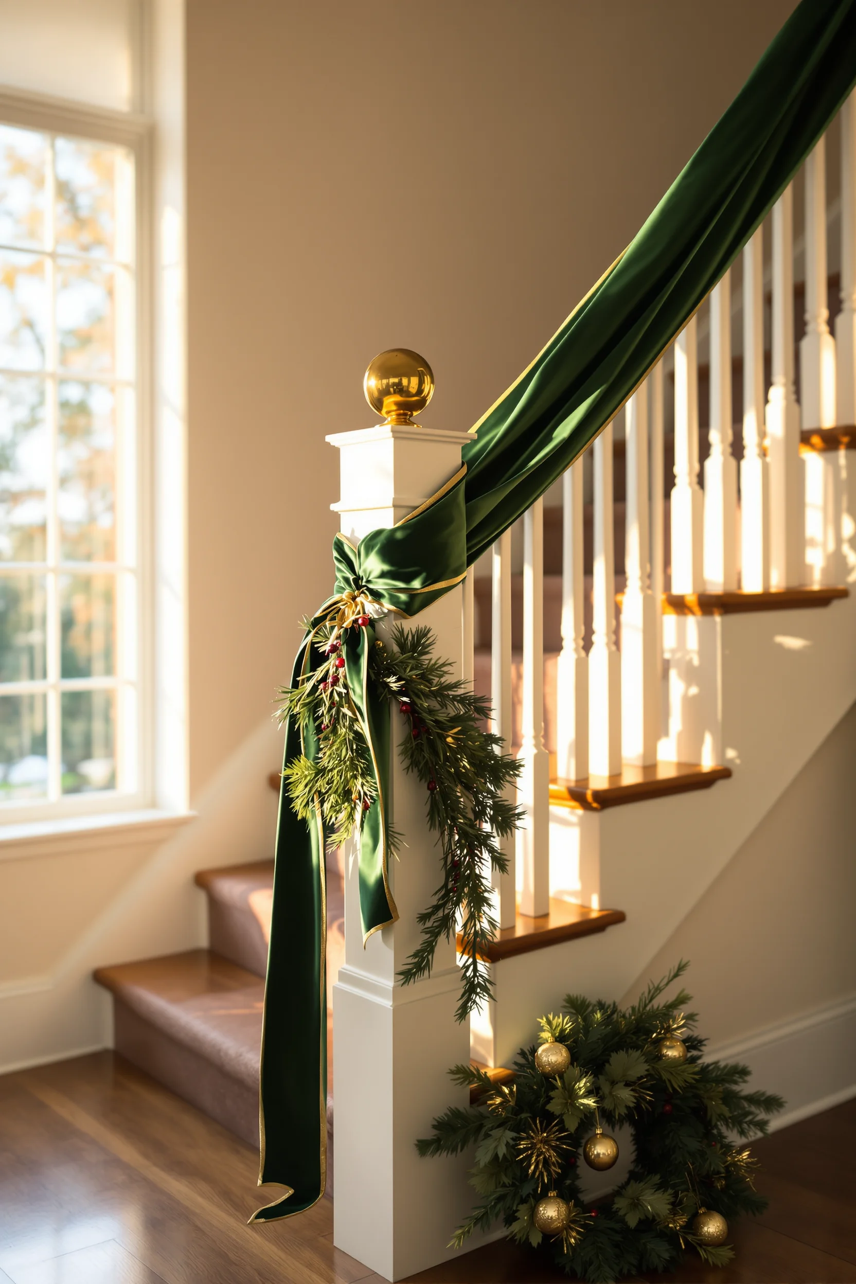 staircase christmas decor railings designs showing green ribbon contrasting white railing with golden sunlight and fresh garland accent