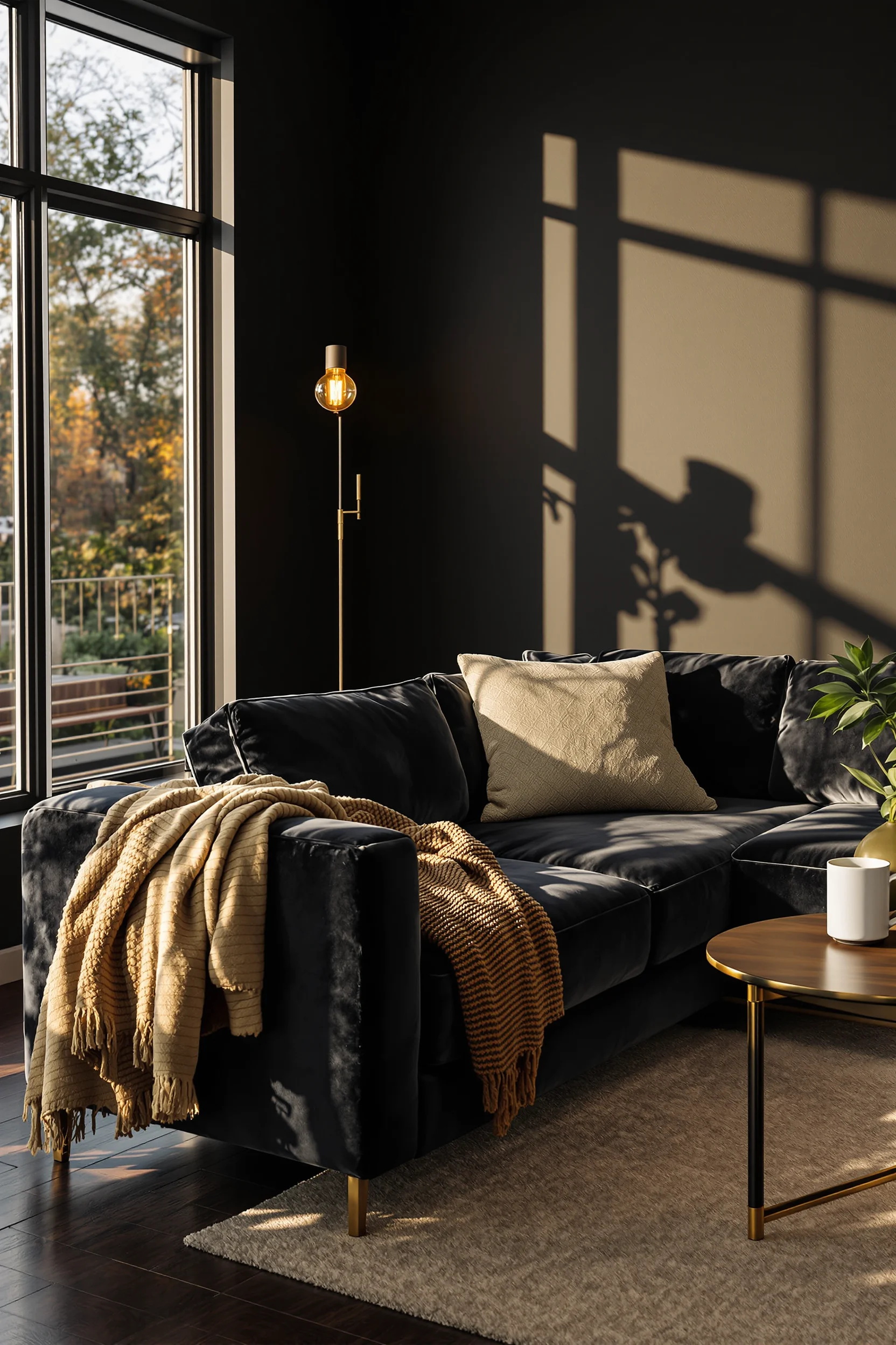 apartment aesthetic dark inspiration with layered textures cream area rug and warm edison bulb creating sophisticated ambiance
