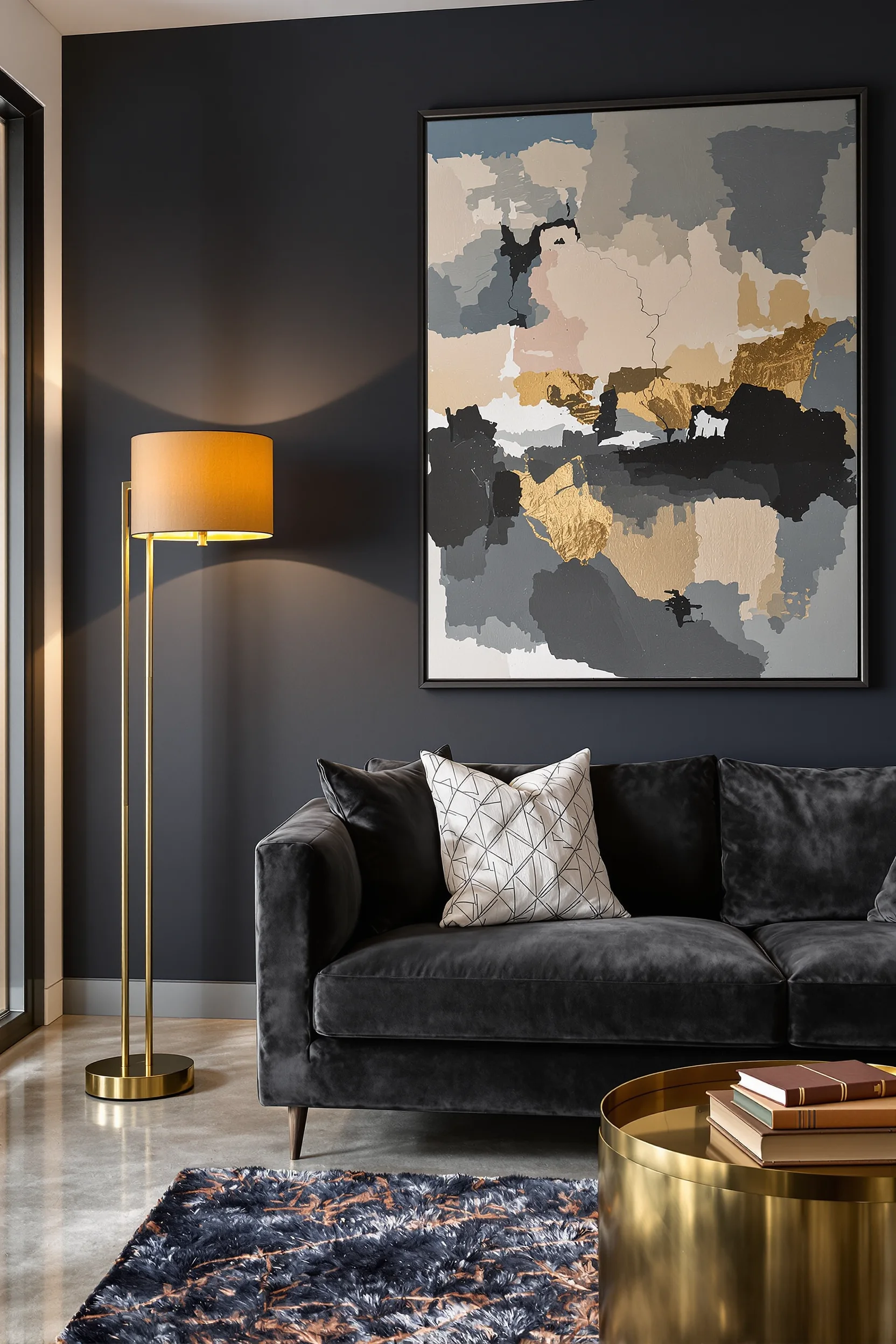 apartment dark aesthetic designs showing modern living room with amber floor lamp creating dramatic lighting on concrete floors