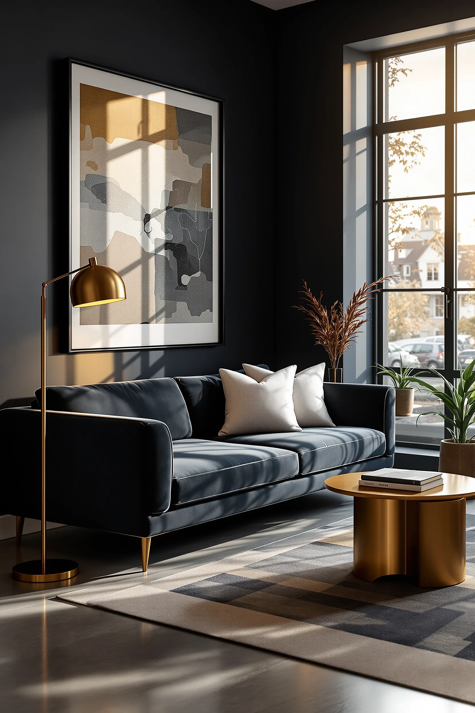 apartment dark aesthetic ideas featuring oversized black frame with abstract art above charcoal velvet sofa and brass table