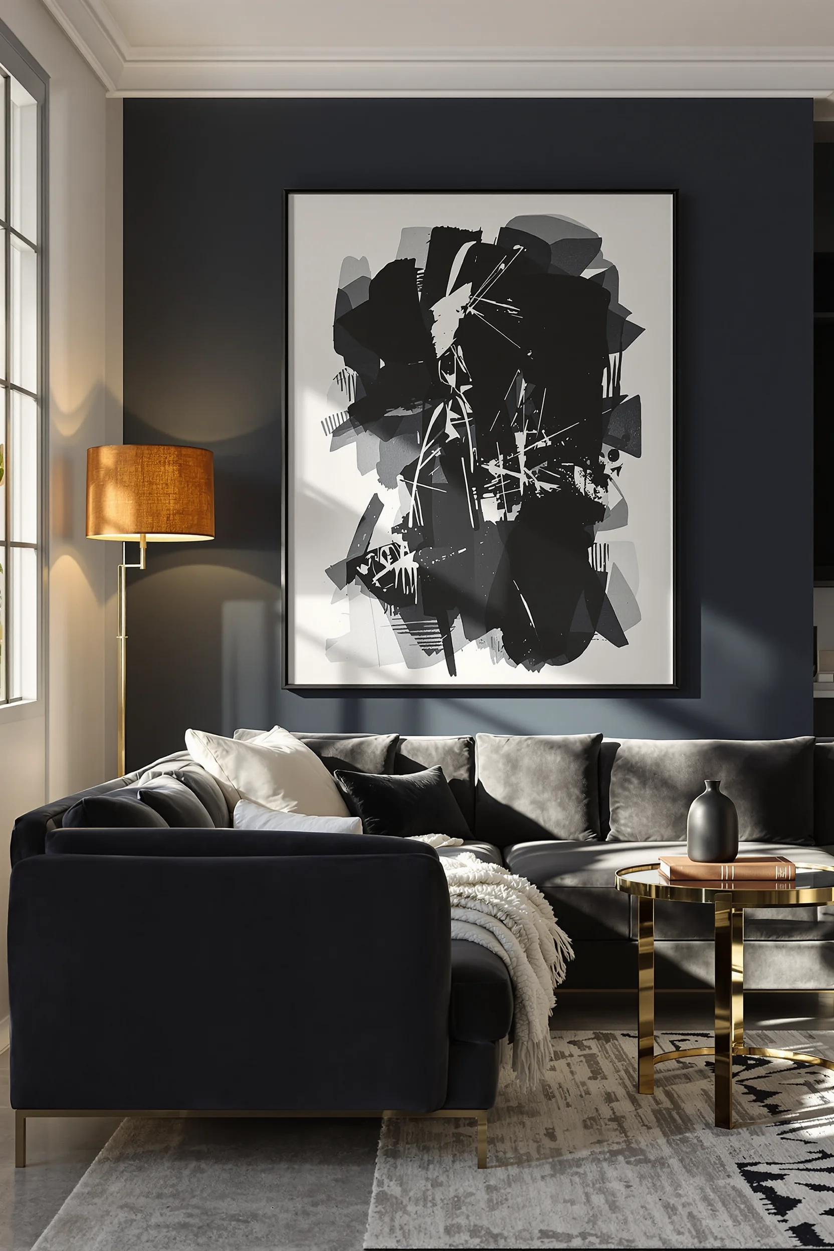 apartment dark aesthetic inspiration displaying navy accent wall with golden hour light streaming across black framed artwork