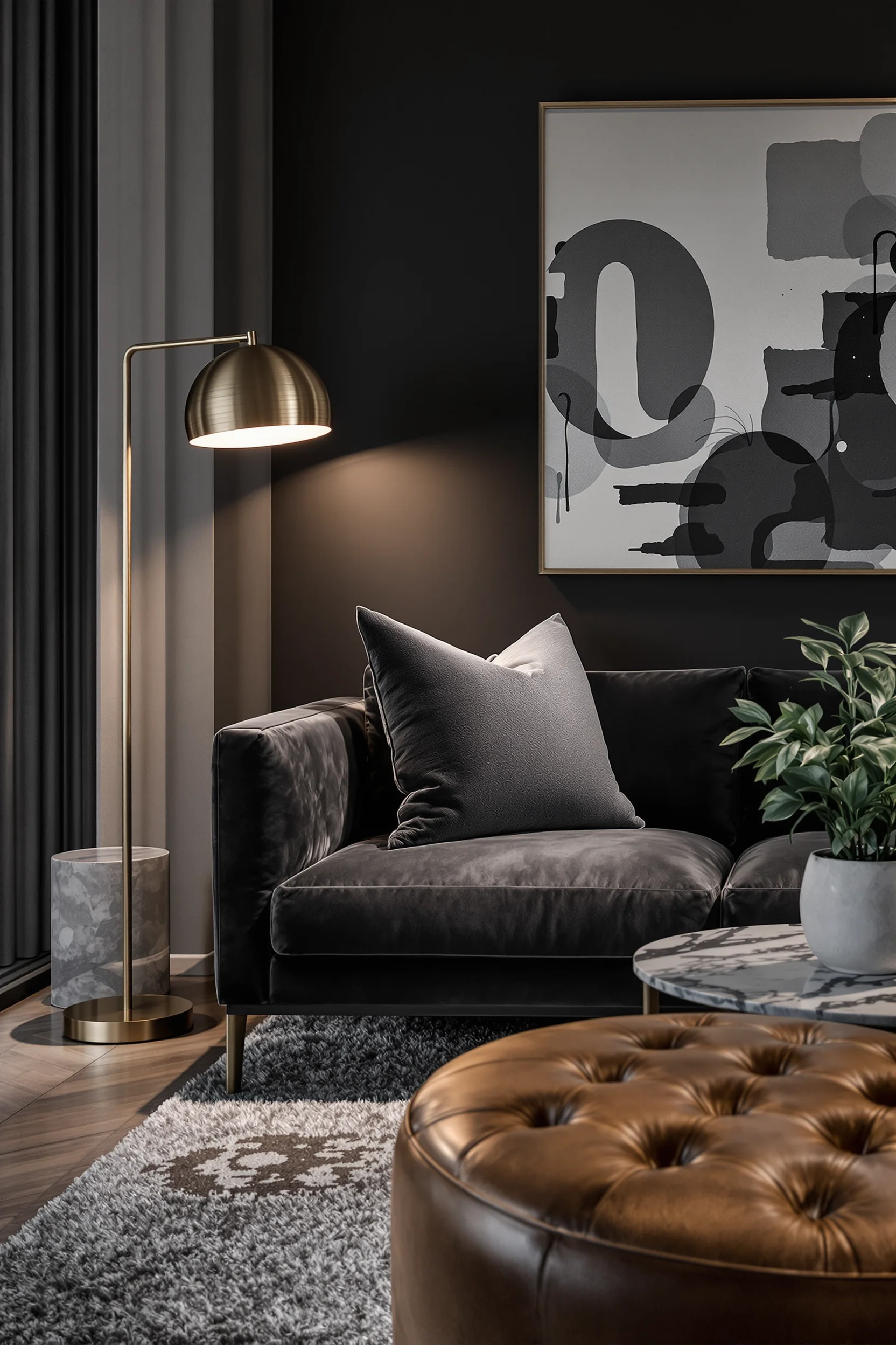 apartment dark aesthetics with charcoal furniture brass floor lamp concrete planter and dramatic side lighting effects