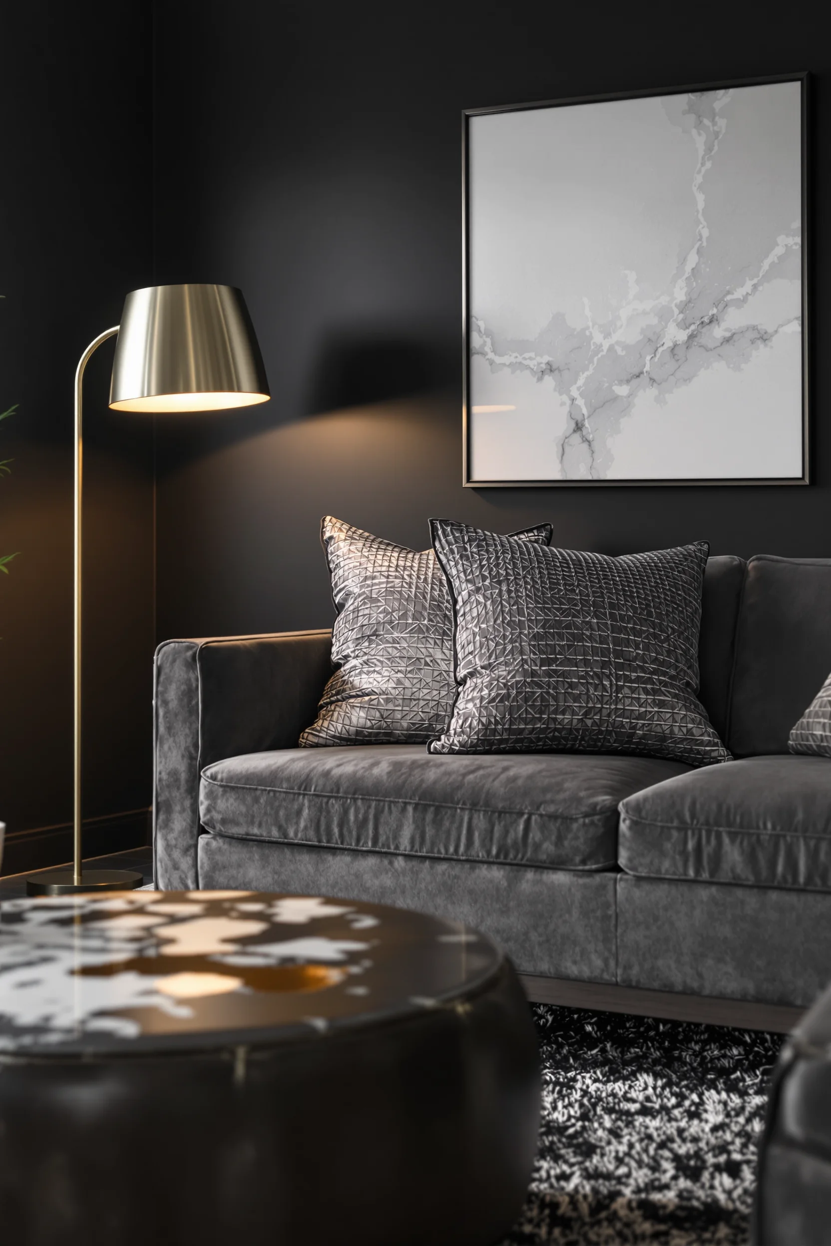 apartment dark designs showing moody living room with textured throw pillow black walls and warm ambient lighting