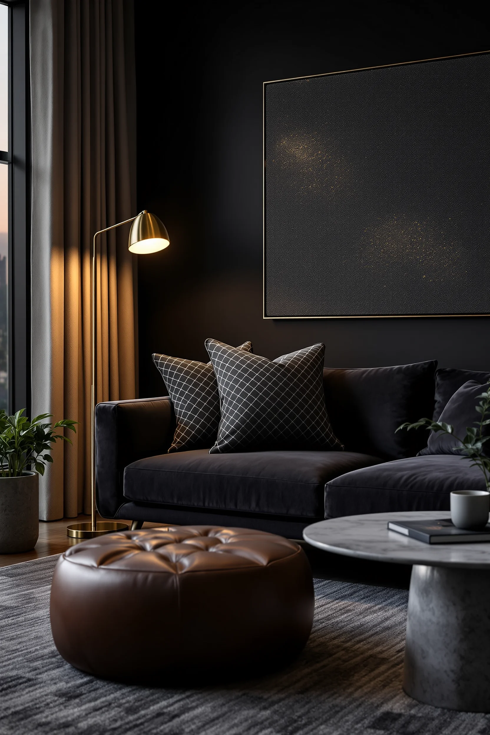 apartment dark ideas featuring oversized graphite textured pillow on charcoal velvet sofa with dramatic lighting and brass lamp