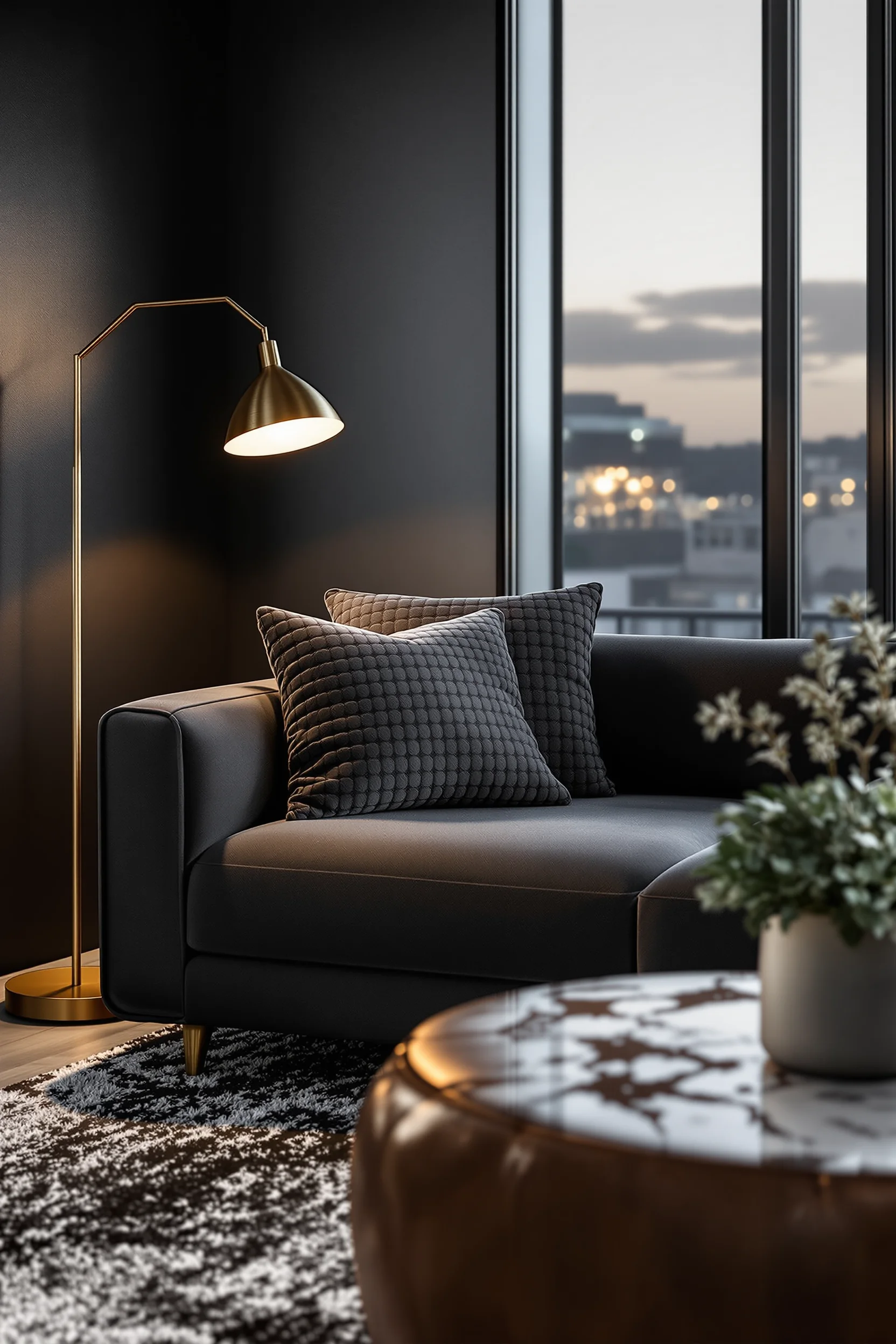 apartment dark inspiration displaying velvet sofa with large pillow marble table and twilight window creating shadow play