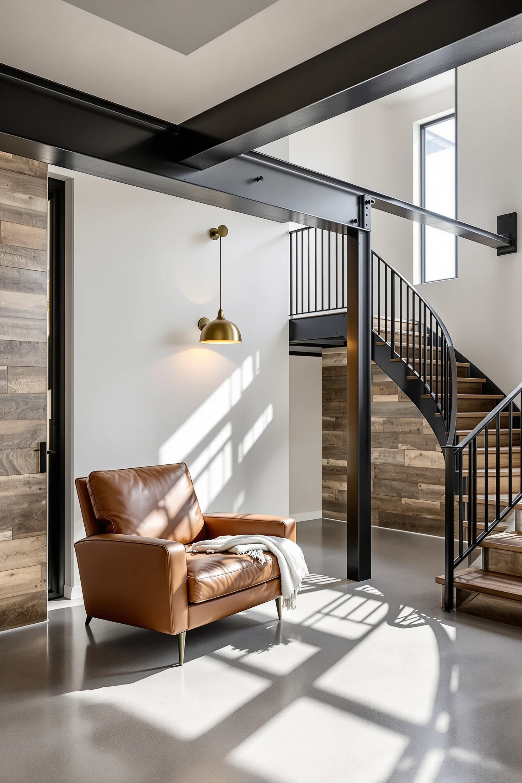 barndominium inspiration with walkout basement showing polished concrete floors with leather armchair and reclaimed wood accent wall