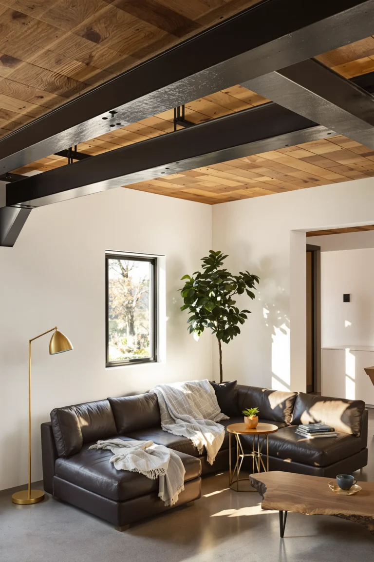 barndominium with basement ideas featuring dramatic exposed wooden beam ceiling with charcoal leather sectional and concrete floors
