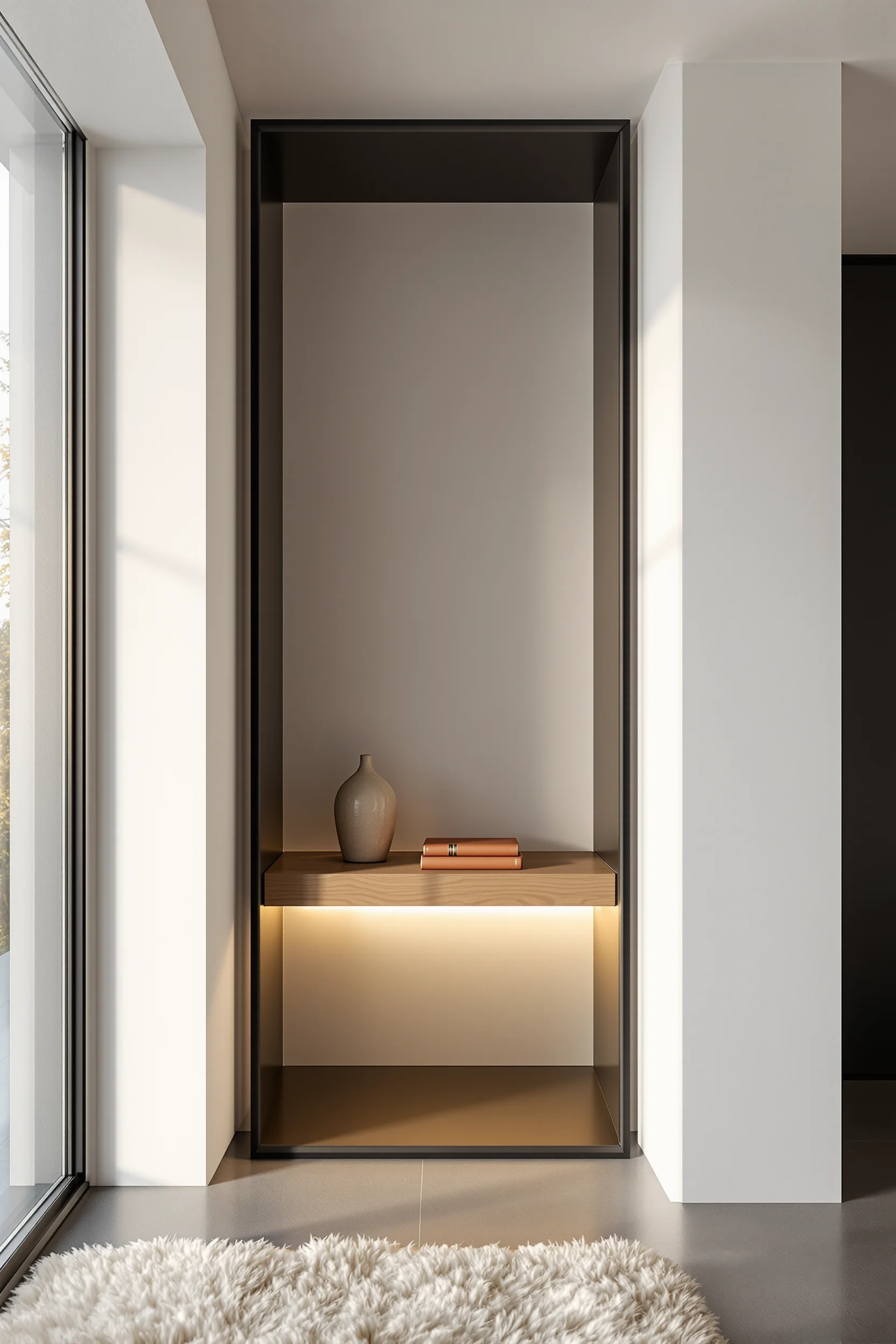 basement aesthetics highlighting architectural built in storage with plaster walls oak wood shelves and golden hour natural light