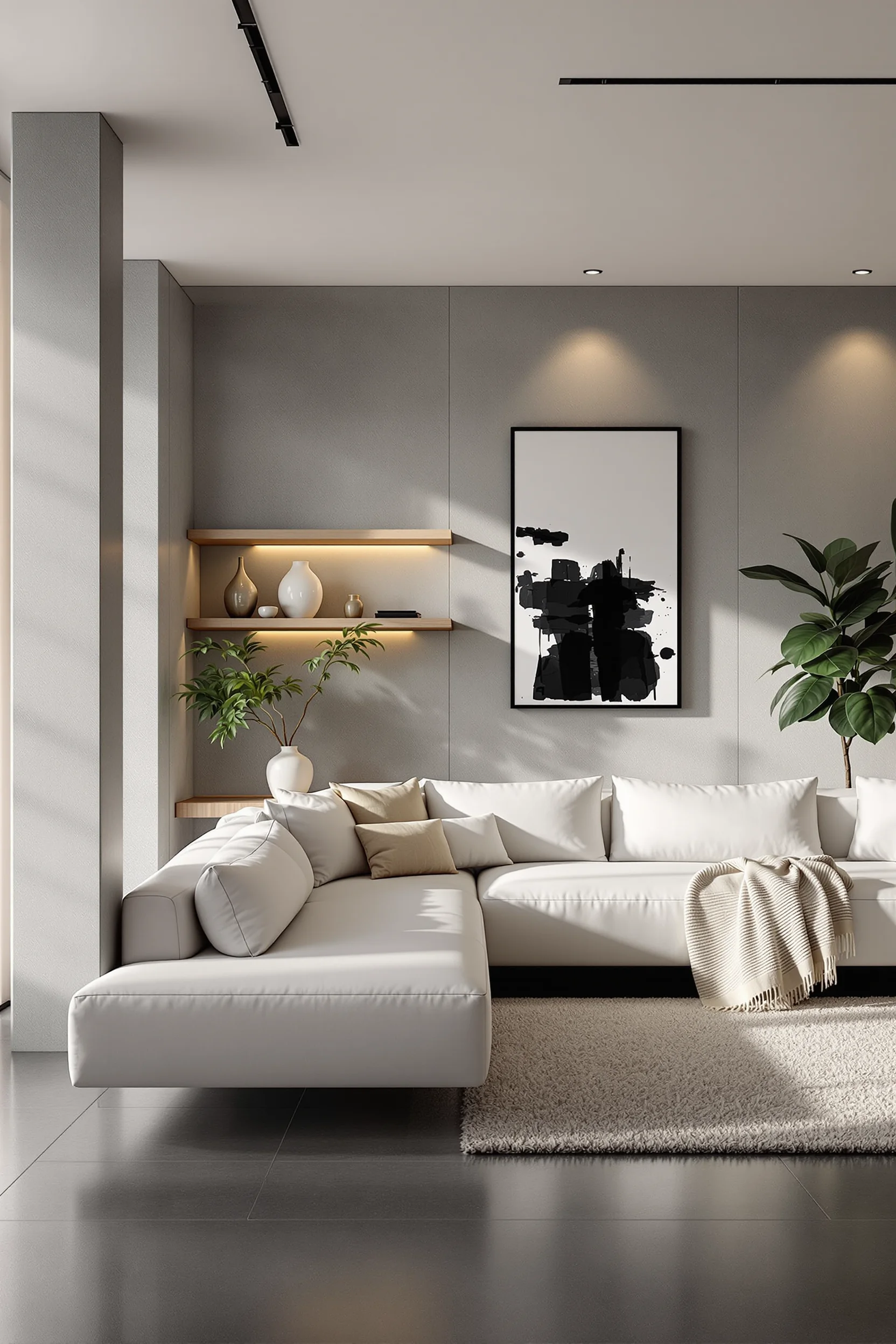 basement aesthetics with matte black fixtures wool area rug fiddle leaf fig tree and professional lighting