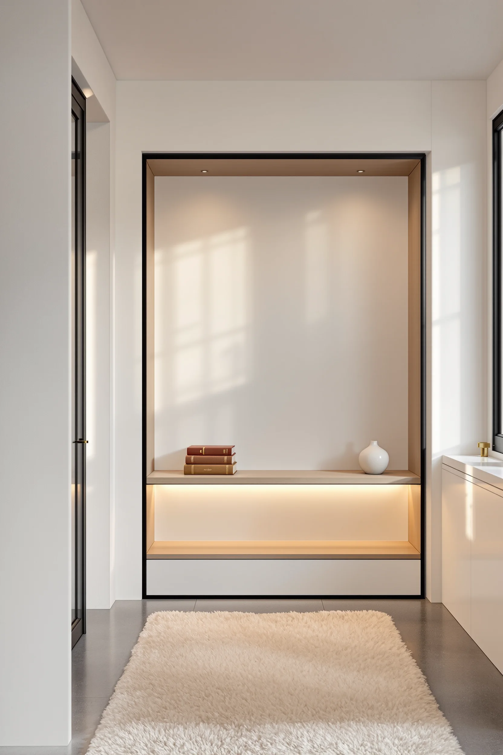 basement designs showcasing minimalist shelving with matte black frame concrete floors cream rug and floor to ceiling windows