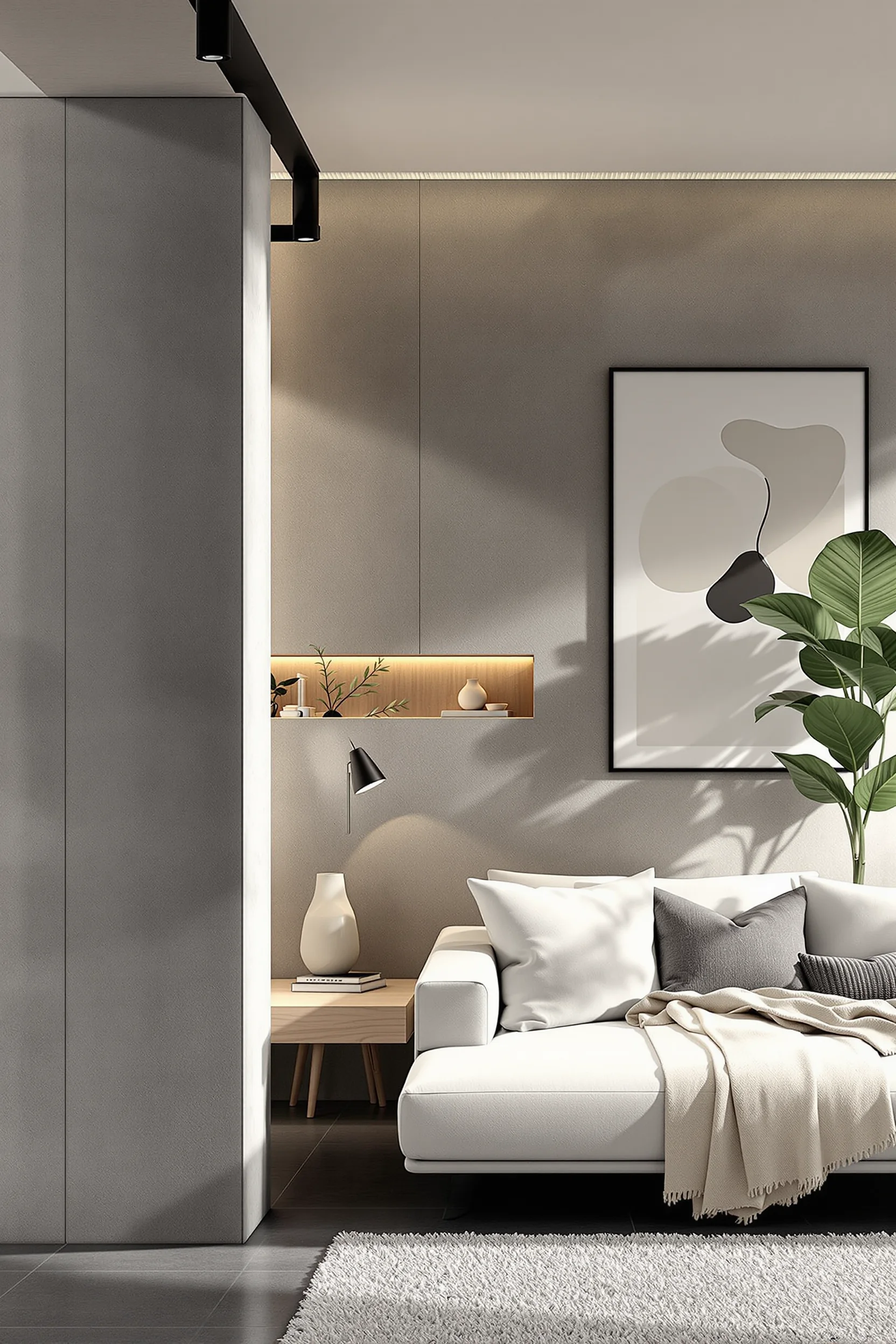 basement designs showing modern open floor plan with charcoal flooring oak side table and abstract artwork