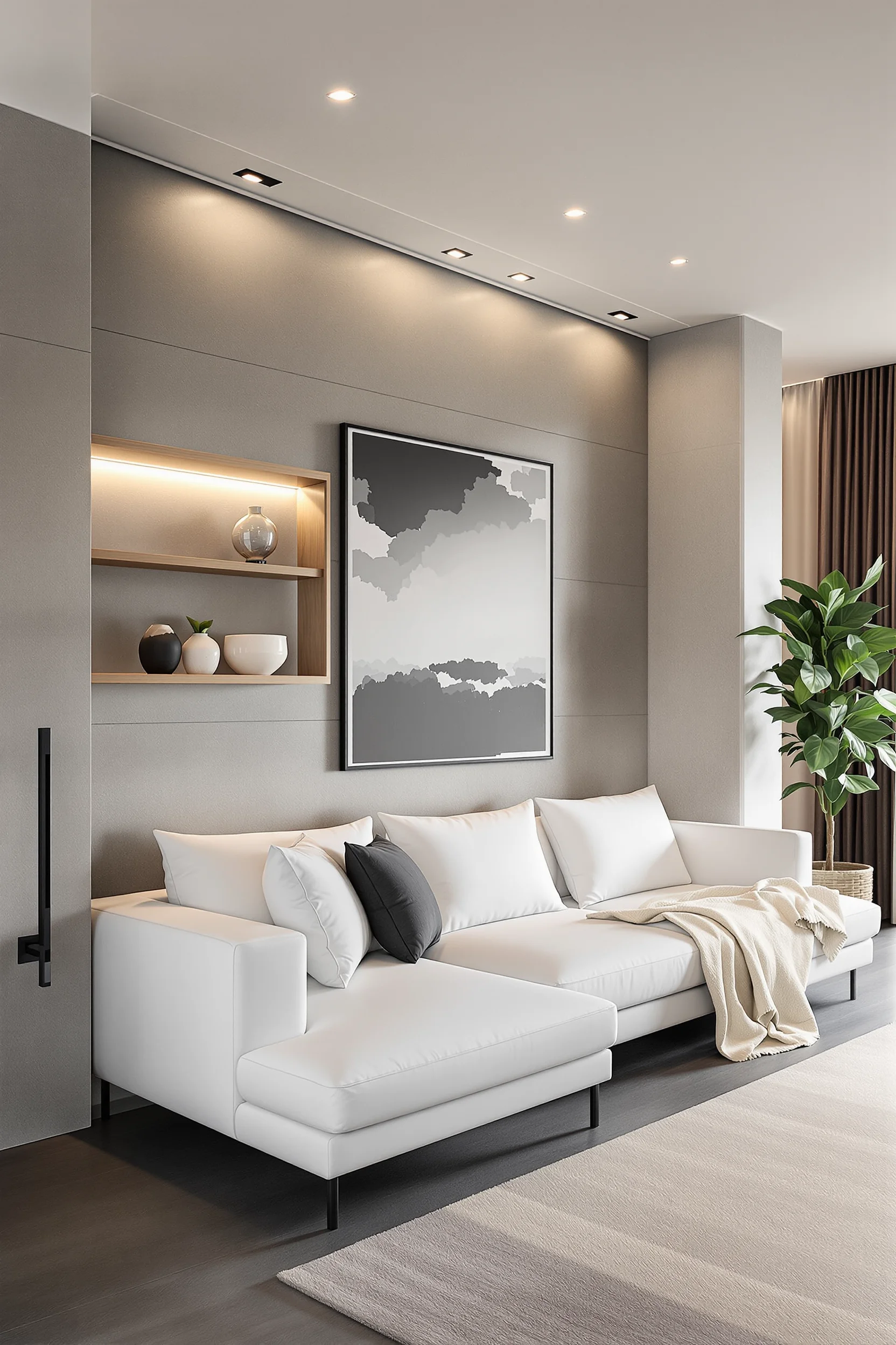 basement ideas featuring minimalist concrete wall with floating shelf white sectional sofa and warm recessed lighting