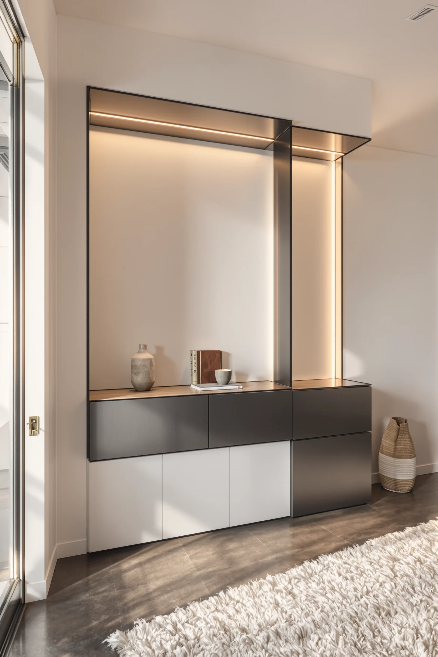 basement ideas featuring modern built in black shelving unit against white wall with natural oak shelves and ambient lighting