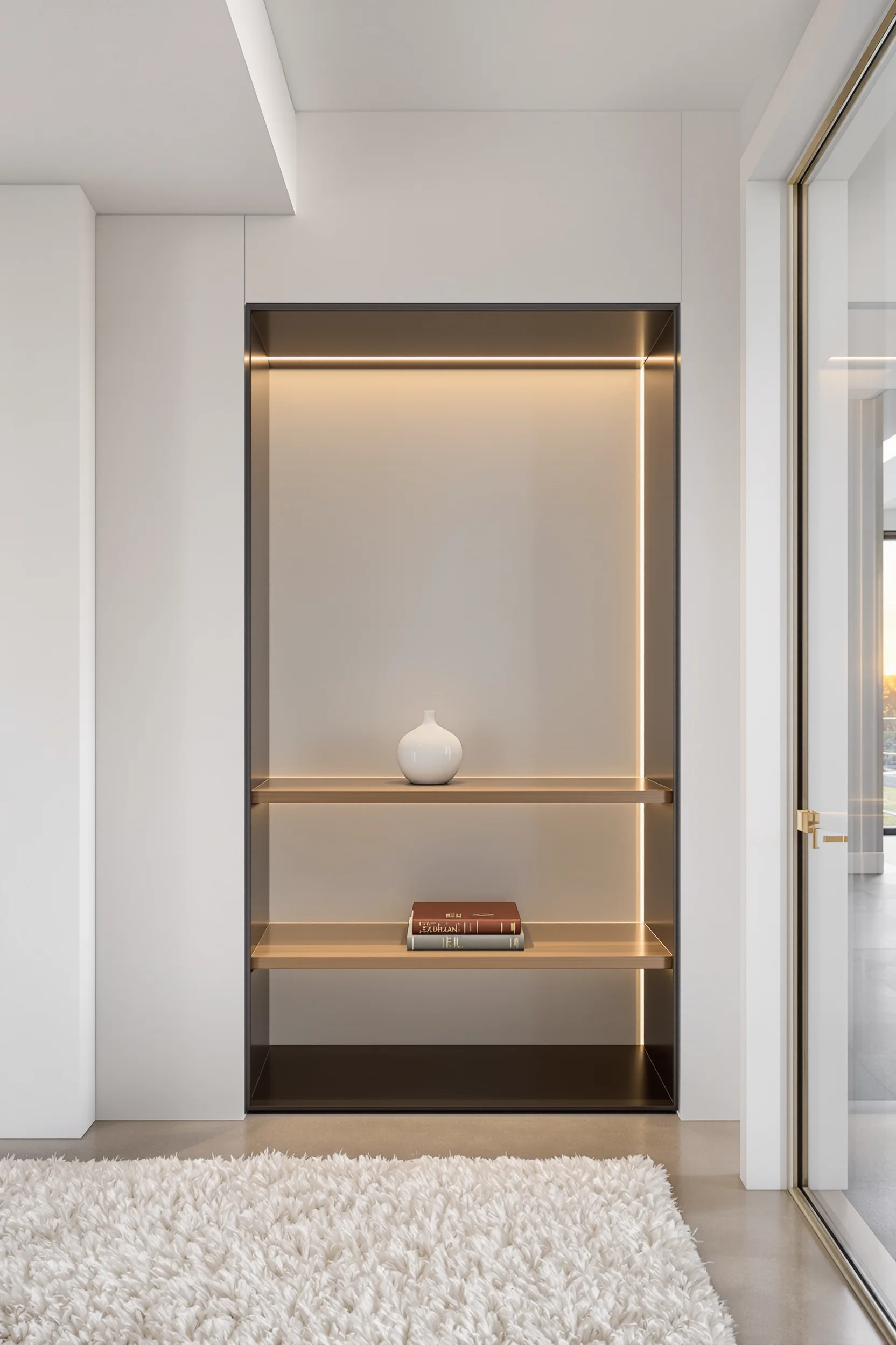basement inspiration displaying custom wall shelving with brass hardware ceramic vase leather book and warm led strip lighting