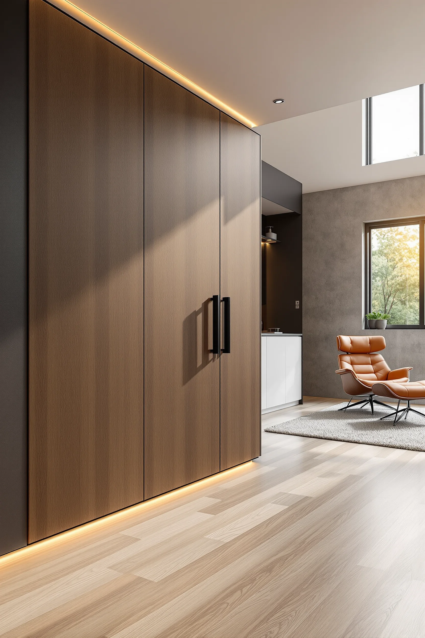 basement layout aesthetics showcasing floor to ceiling storage with walnut wood grain and bright lacquered surfaces